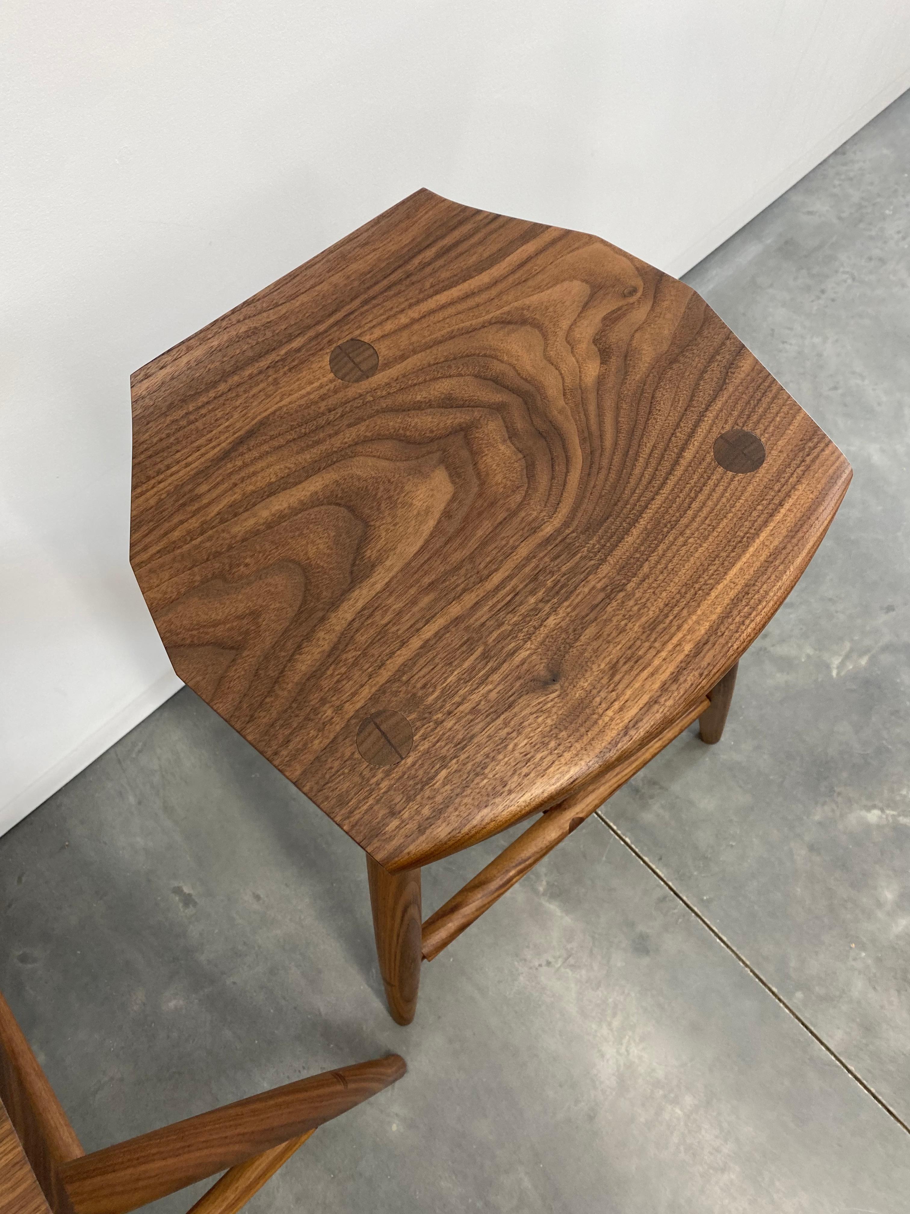 Hand-Crafted Jordan Walnut Counter Height 3-Legged Stool by New York Heartwoods - In Stock For Sale