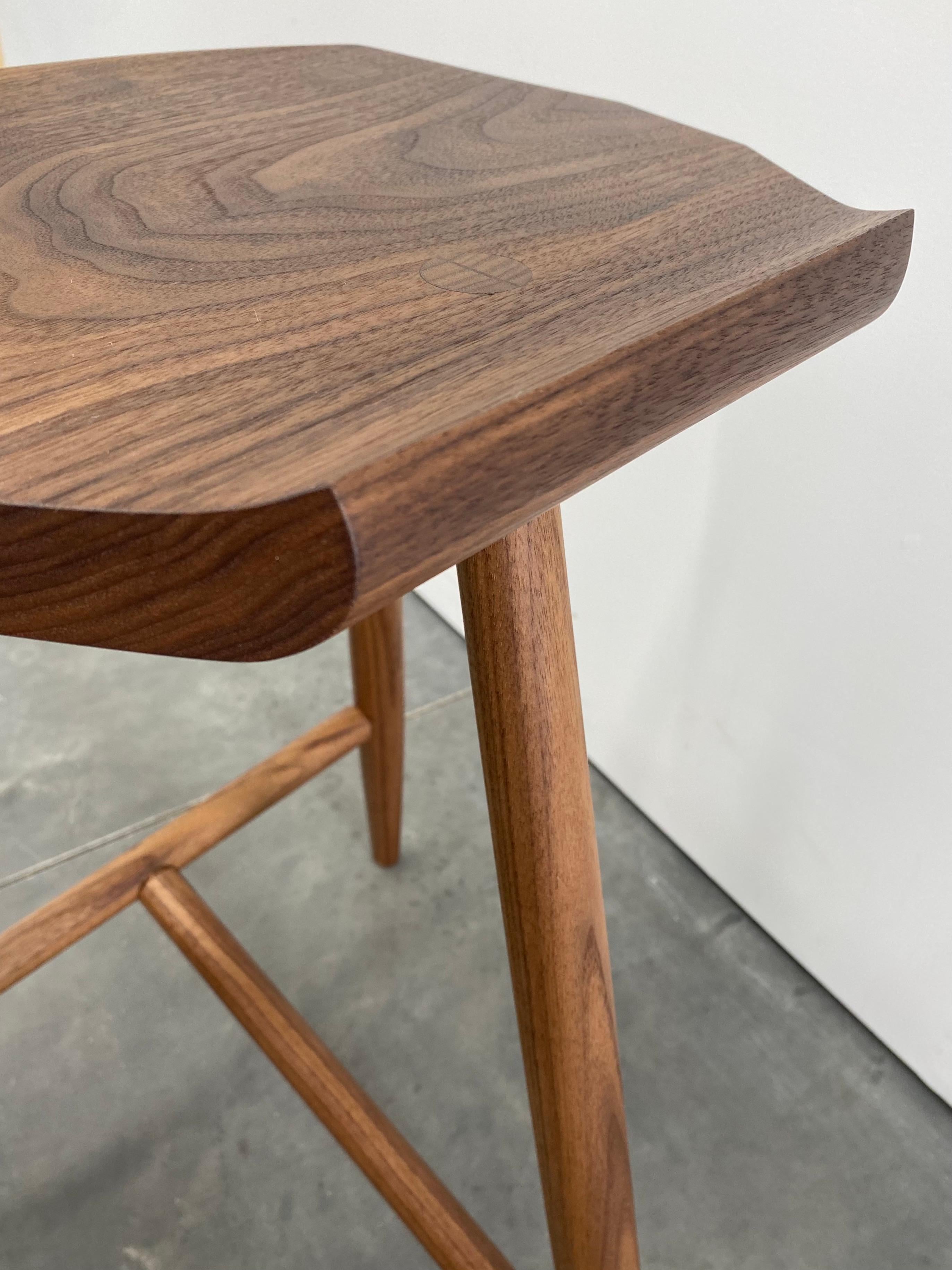 Hand-Crafted Jordan Walnut Counter Height 3-Legged Wood Stool by New York Heartwoods For Sale