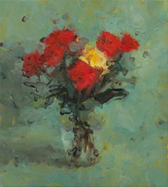 "Nature morte aux roses rouges et au tissu vert" de Jordan Wolfson, peinture à l'huile