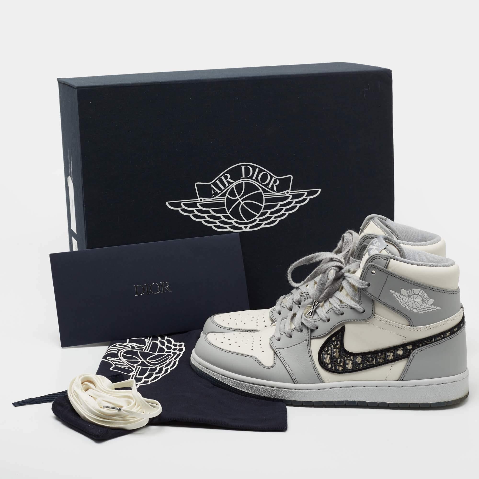 Jordan x Dior Grey/White Leather Air Jordan 1 Retro High Top Sneakers Size 44 1