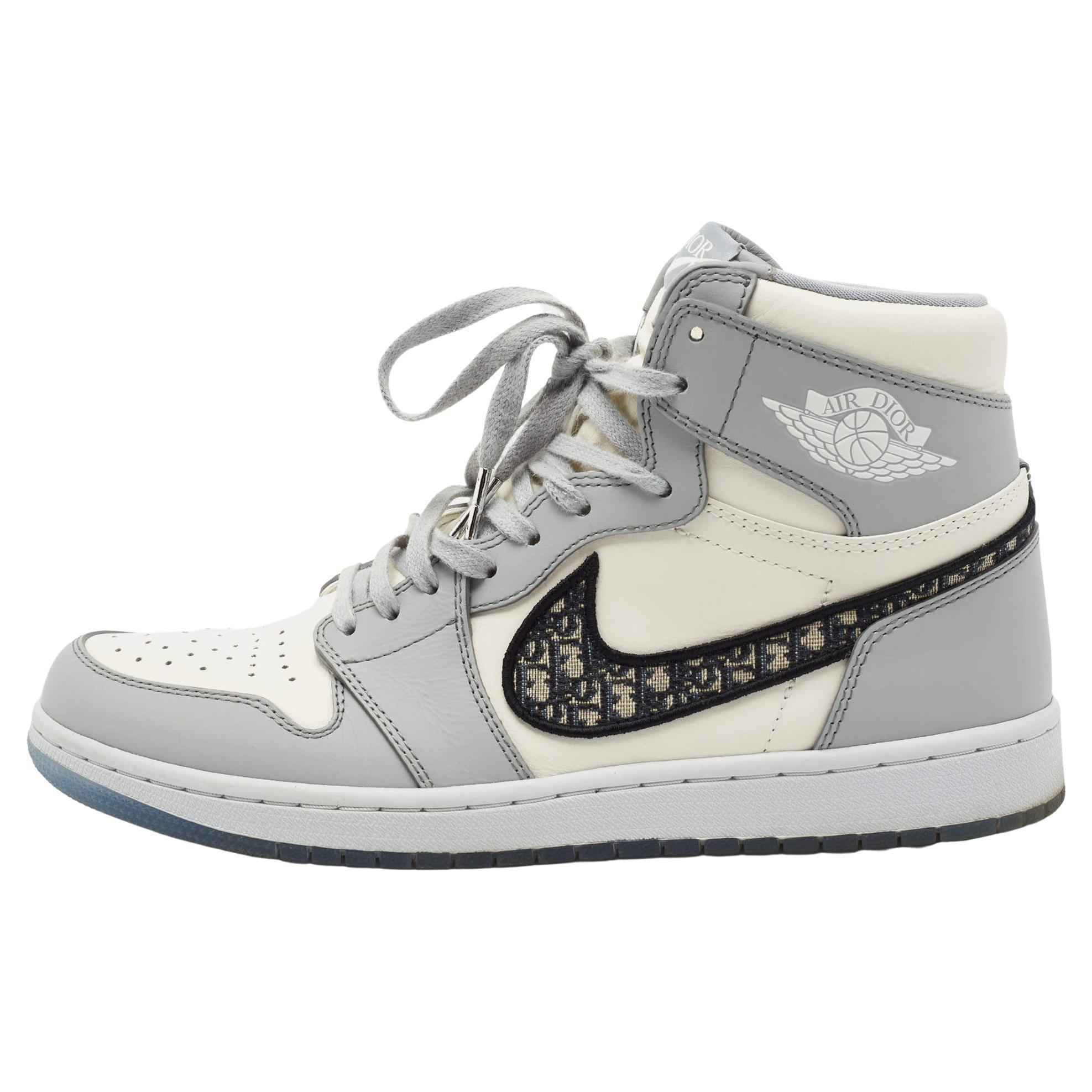 Jordan x Dior Grey/White Leather Air Jordan 1 Retro High Top Sneakers Size 44