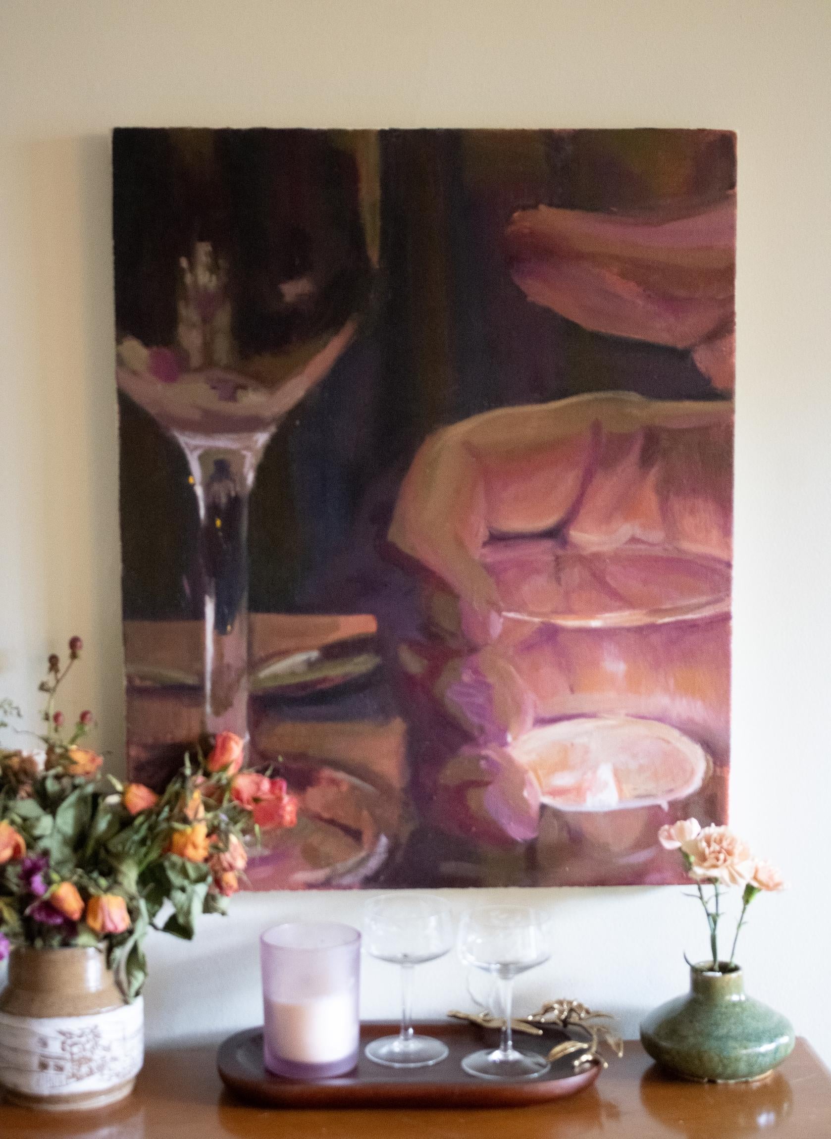 Dinner Date - Stillleben Flamme Kerze Hand Weinglas, 2025 – Painting von Jordann McKenna