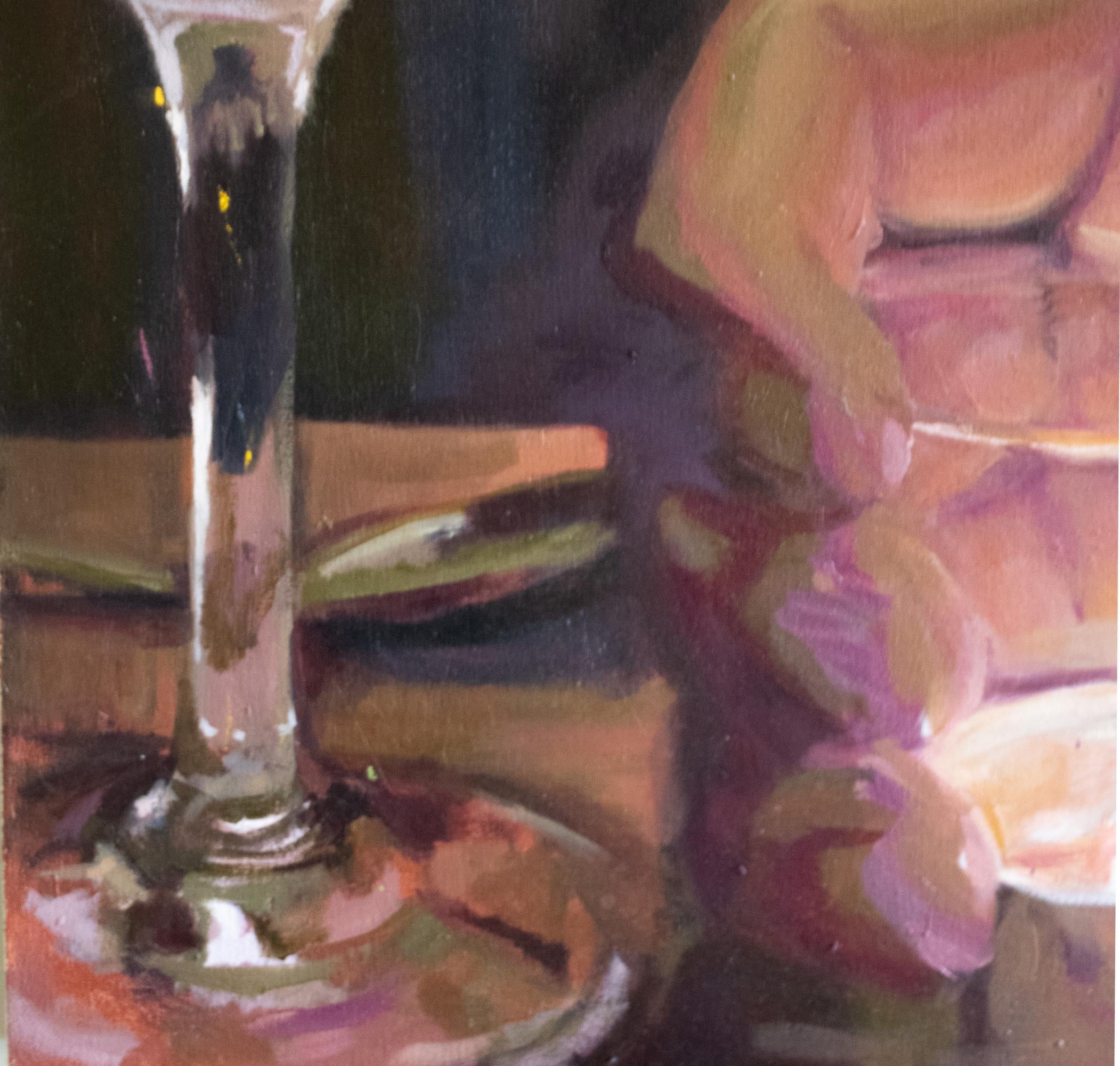 Dinner Date - Stillleben Flamme Kerze Hand Weinglas, 2025 (Schwarz), Still-Life Painting, von Jordann McKenna