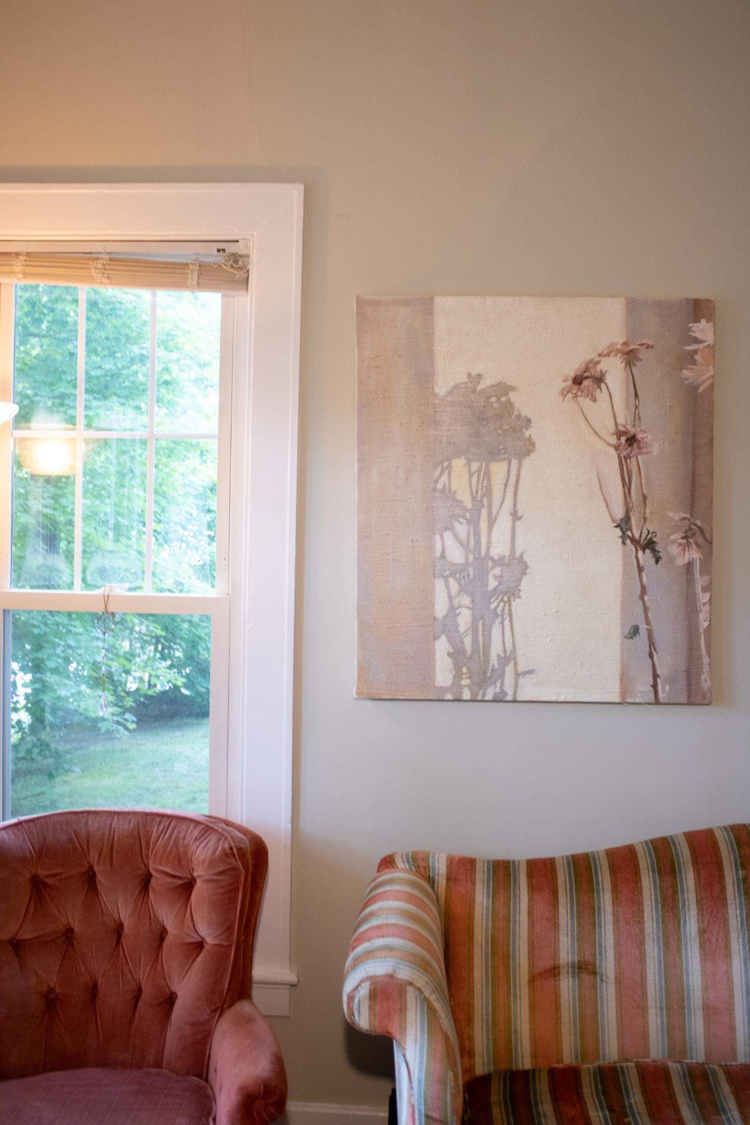Contemporary painting in oil paint on found fabric of flowers. Botanical shadows are cast by the flowers on the wall in the background. Signed on verso.

From Ithaca, NY, Jordann McKenna paints and photographs the quiet beauty in everyday life in