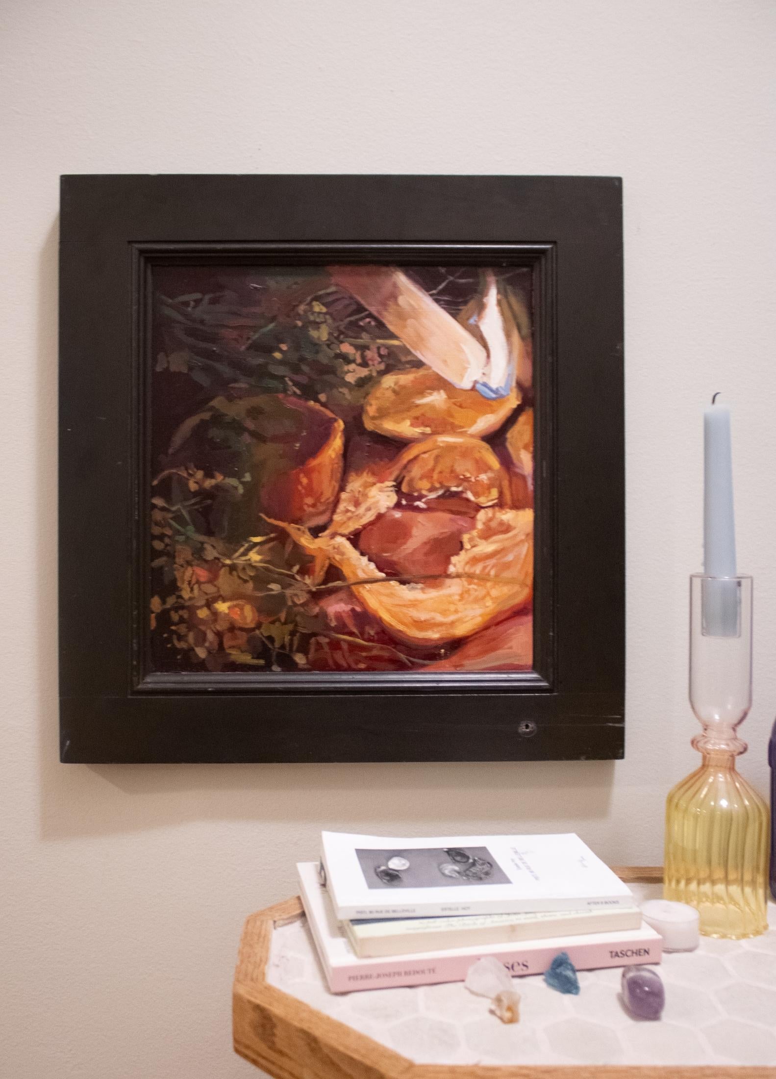 Cera y Cáscara - Bodegón Contemporáneo Naranja Cítricos Llama de Vela, 2024 - Still-Life Painting Negro de Jordann McKenna