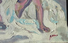 Spanish Expressionist Female Nude Interior Figurative Oil canvas Painting 1980s