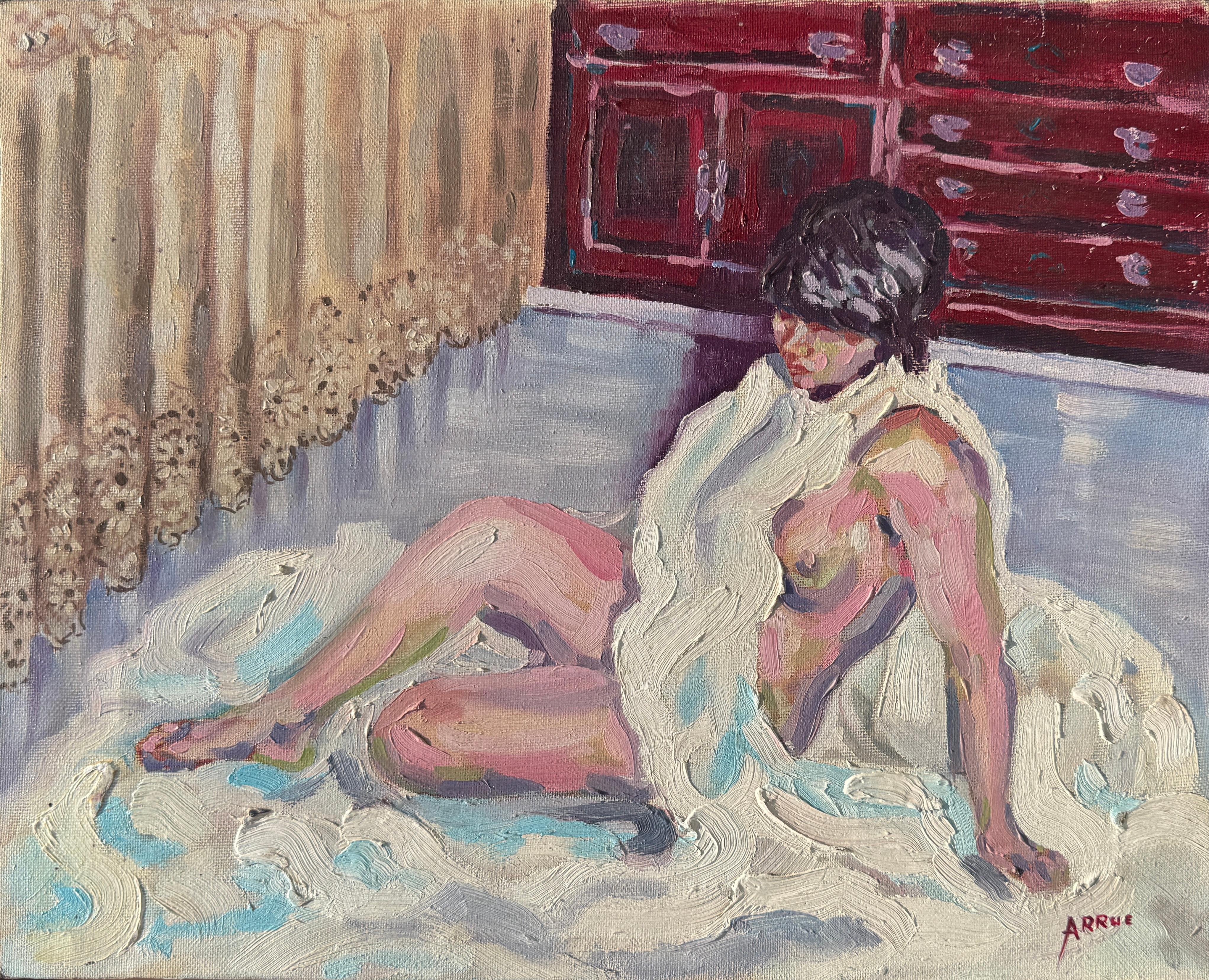 Jordi Arrue Nude Painting - Spanish Expressionist Female Nude Interior Figurative Oil canvas Painting 1980s