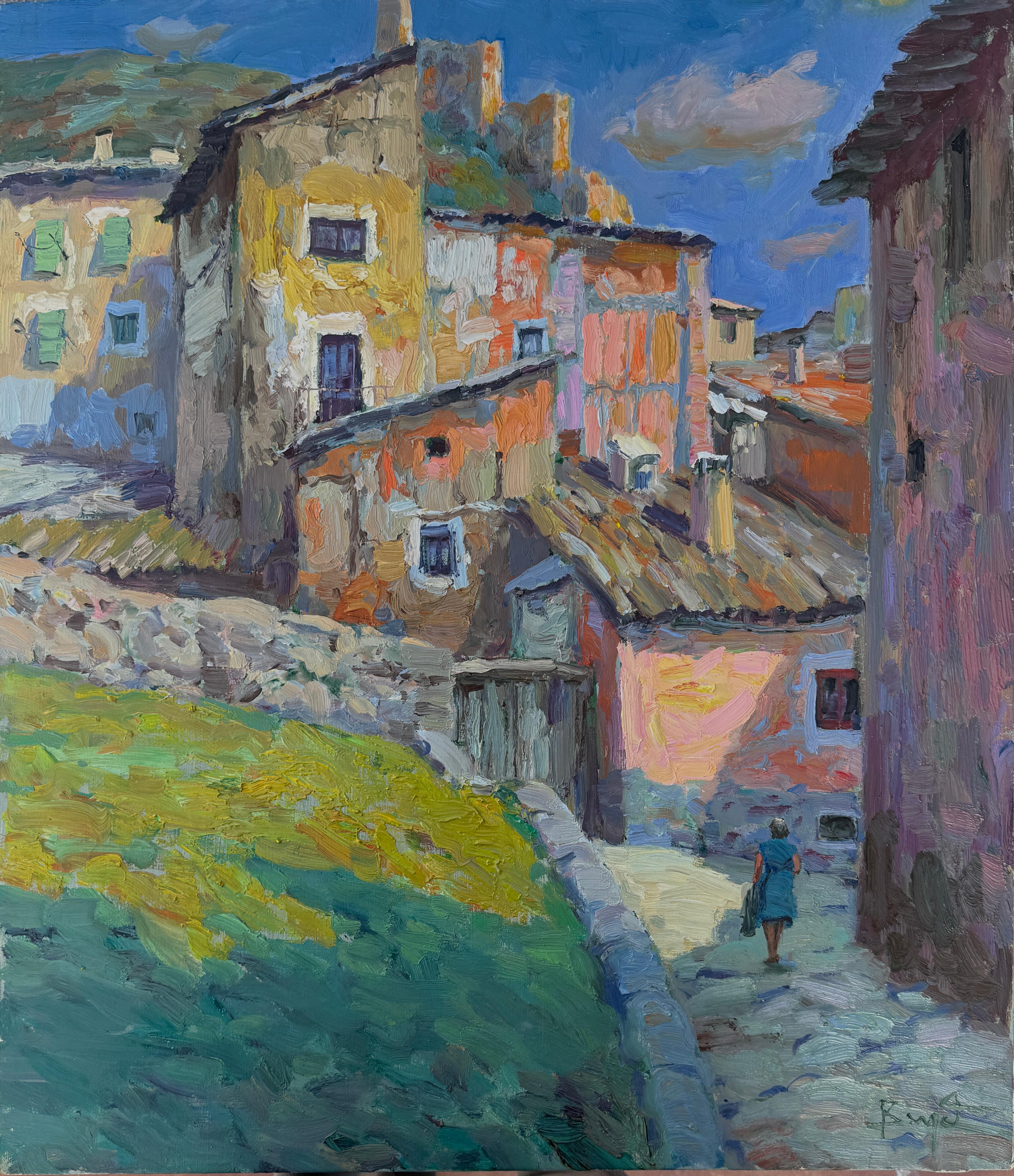 Scena di villaggio spagnolo Albarracín Teruel Pittura a olio espressiva impressionista