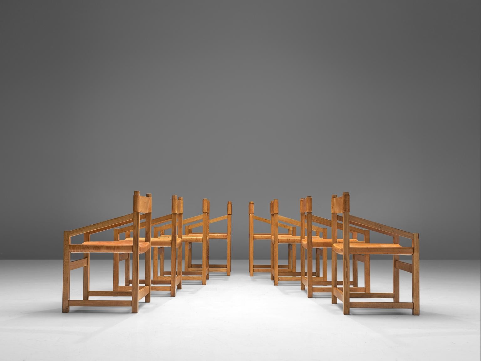 Jordi Casablanca Muntañola, set of 8 'S5' armchairs, pine and leather, Spain, 1979.

This set of eight armchairs from Spain is purist and modest. The chairs feature an architectural frame, of which the combination with diagonal armrests is striking.