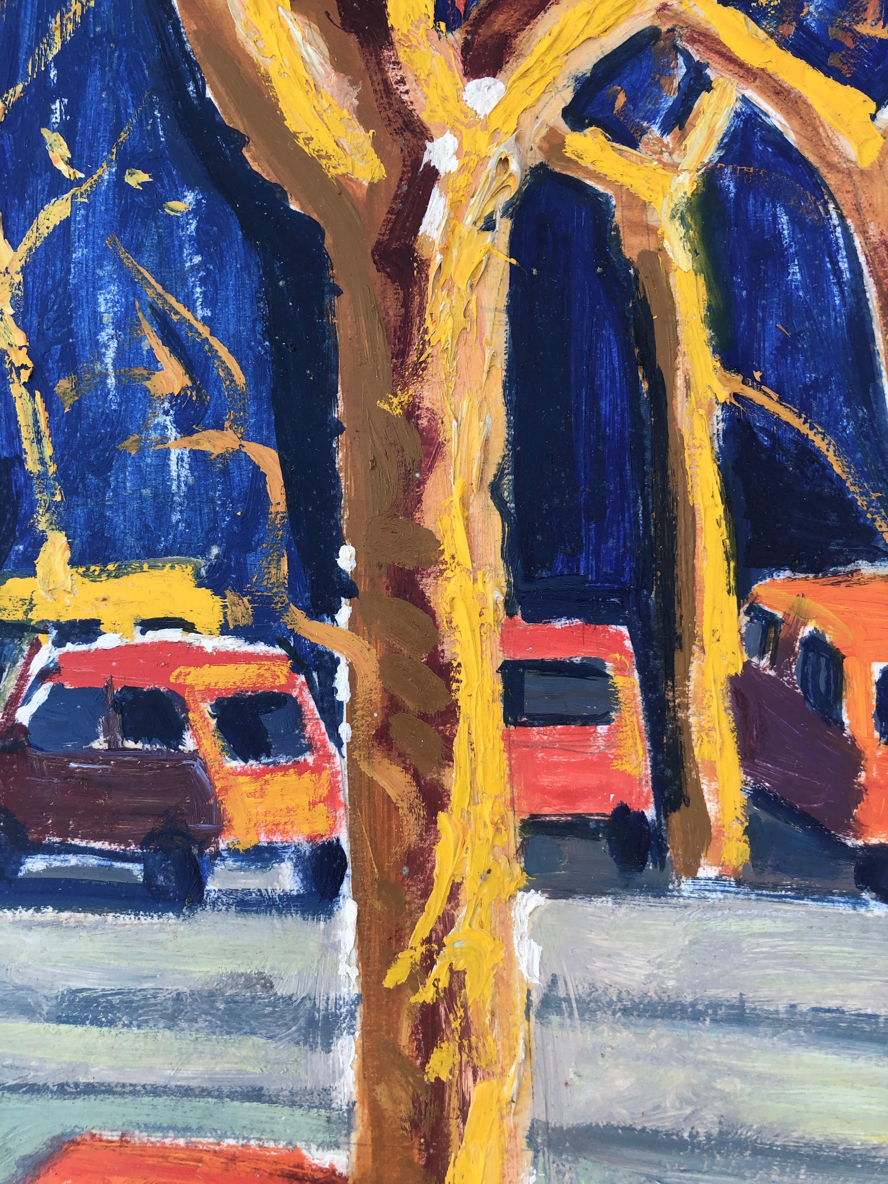 Barcelona, Espagne, peinture à l'huile sur carton, paysage urbain européen - Gris Landscape Painting par Jordi Curos