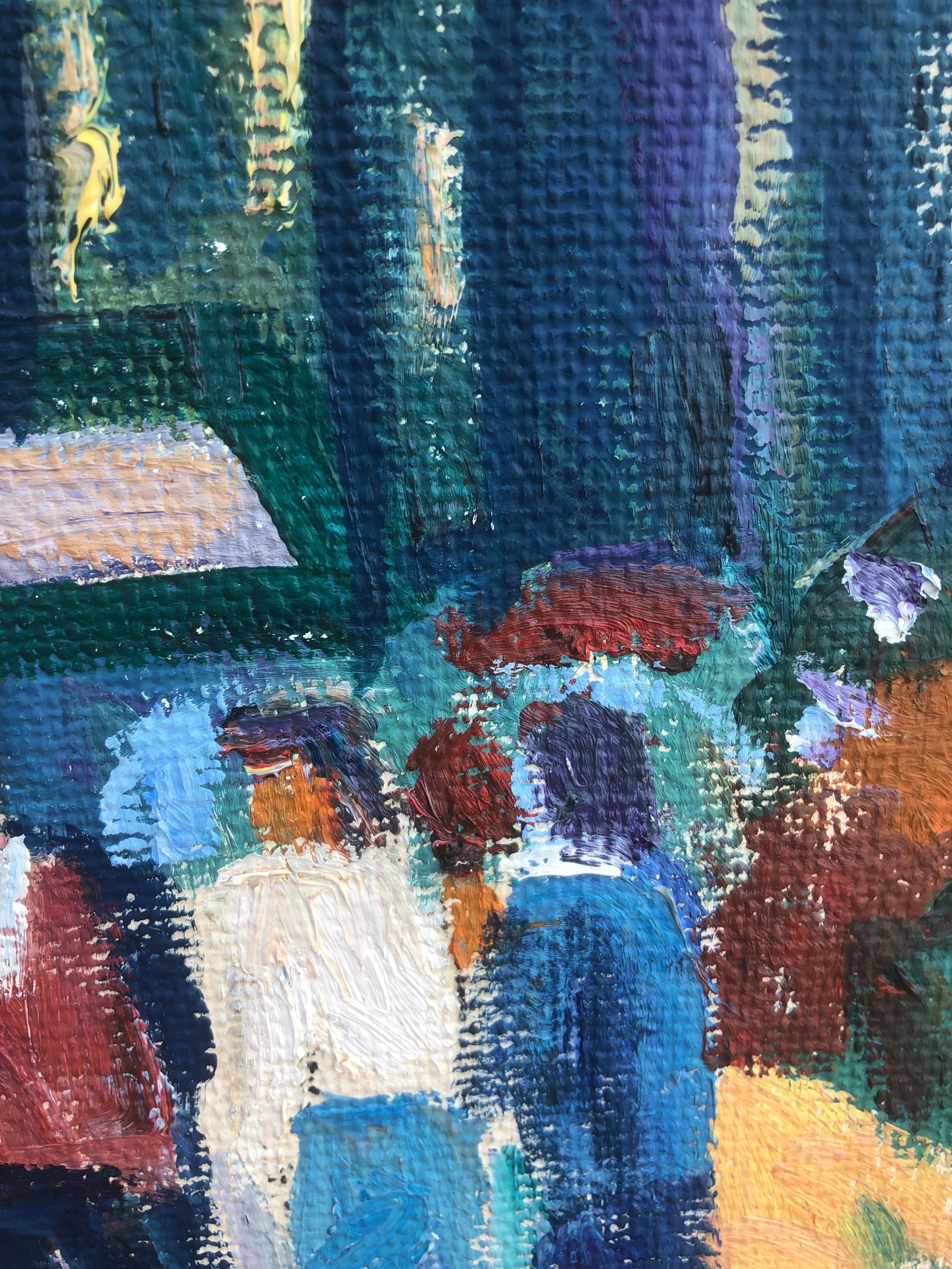 Bulevar de flores Barcelona España óleo sobre arpillera pintura paisaje urbano español - Figurative Painting Azul de Jordi Curos