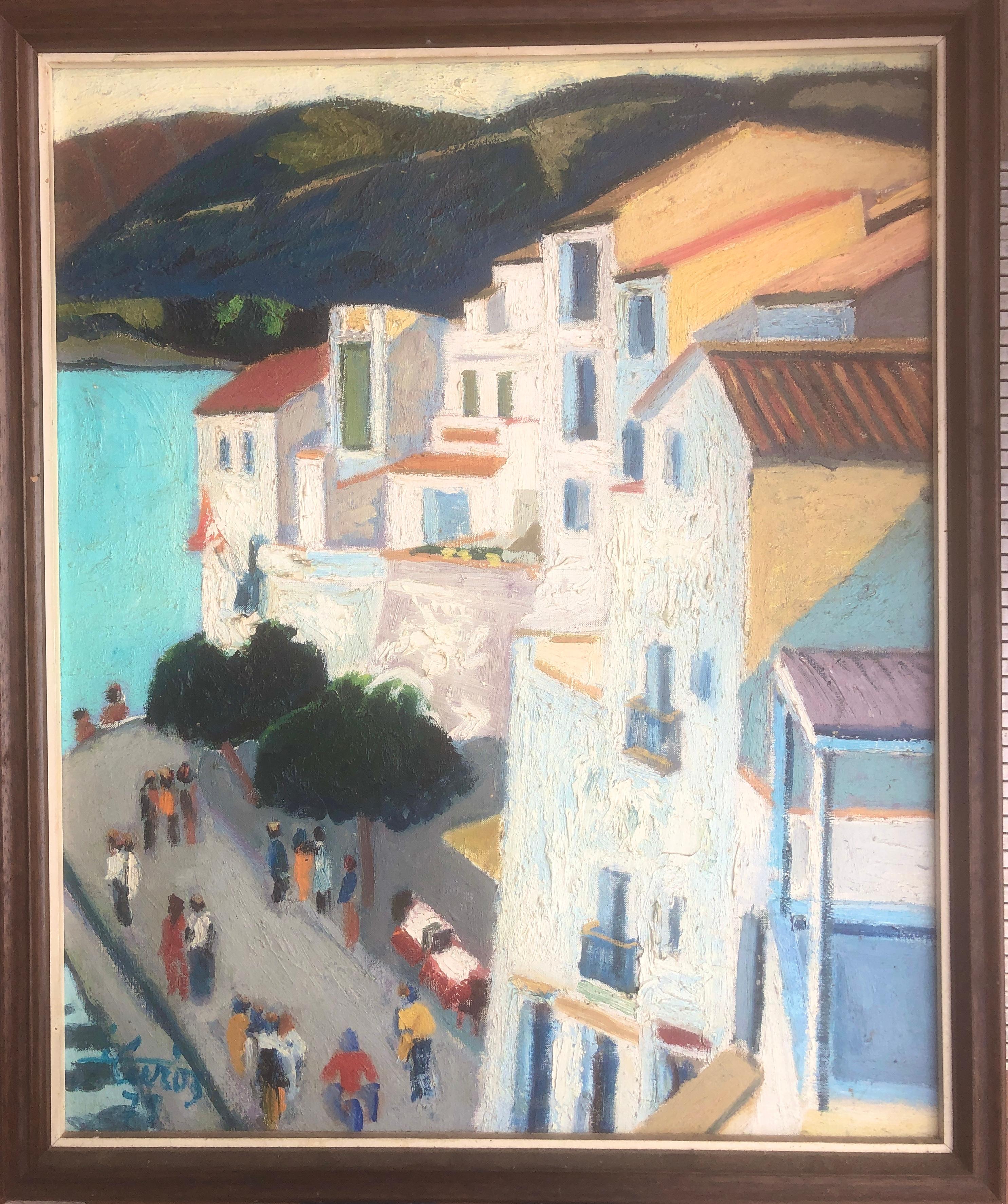 Cadaques Spain oil on canvas painting fauvism spanish seascape urbanscape - Painting by Jordi Curos