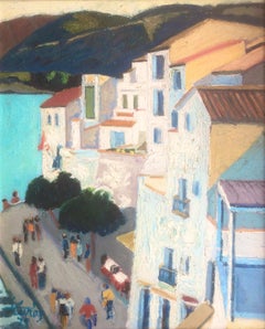 Vintage Cadaques Spain oil on canvas painting fauvism spanish seascape urbanscape