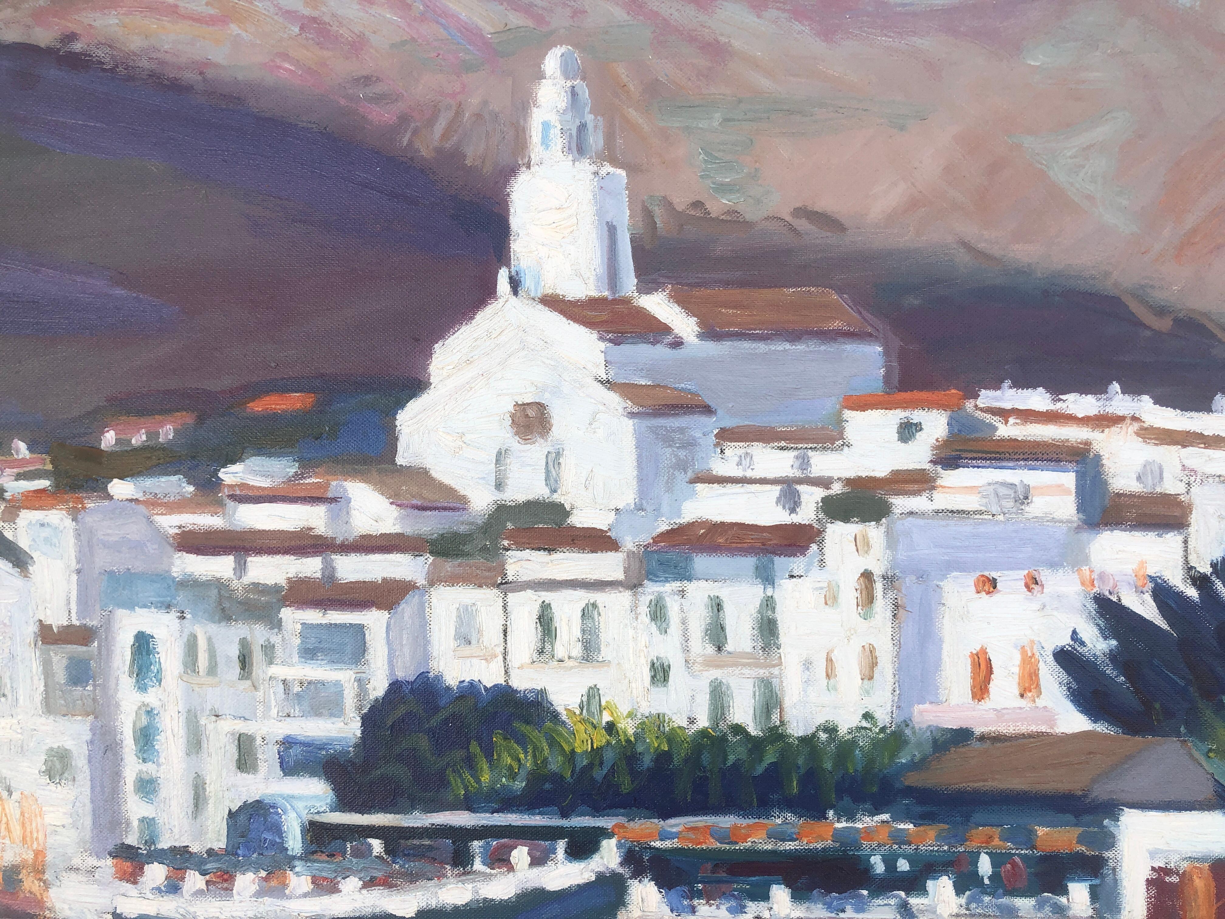 Cadaques Espagne huile sur toile peinture paysage marin église en vente 3