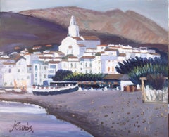 Cadaques Spain oil on canvas painting seascape landscape church
