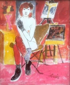 Nude woman mixed media painting