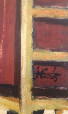 Jordi Curós Self-Portrait in Studio – 1980 Fauvist Oil Painting on Cardboard