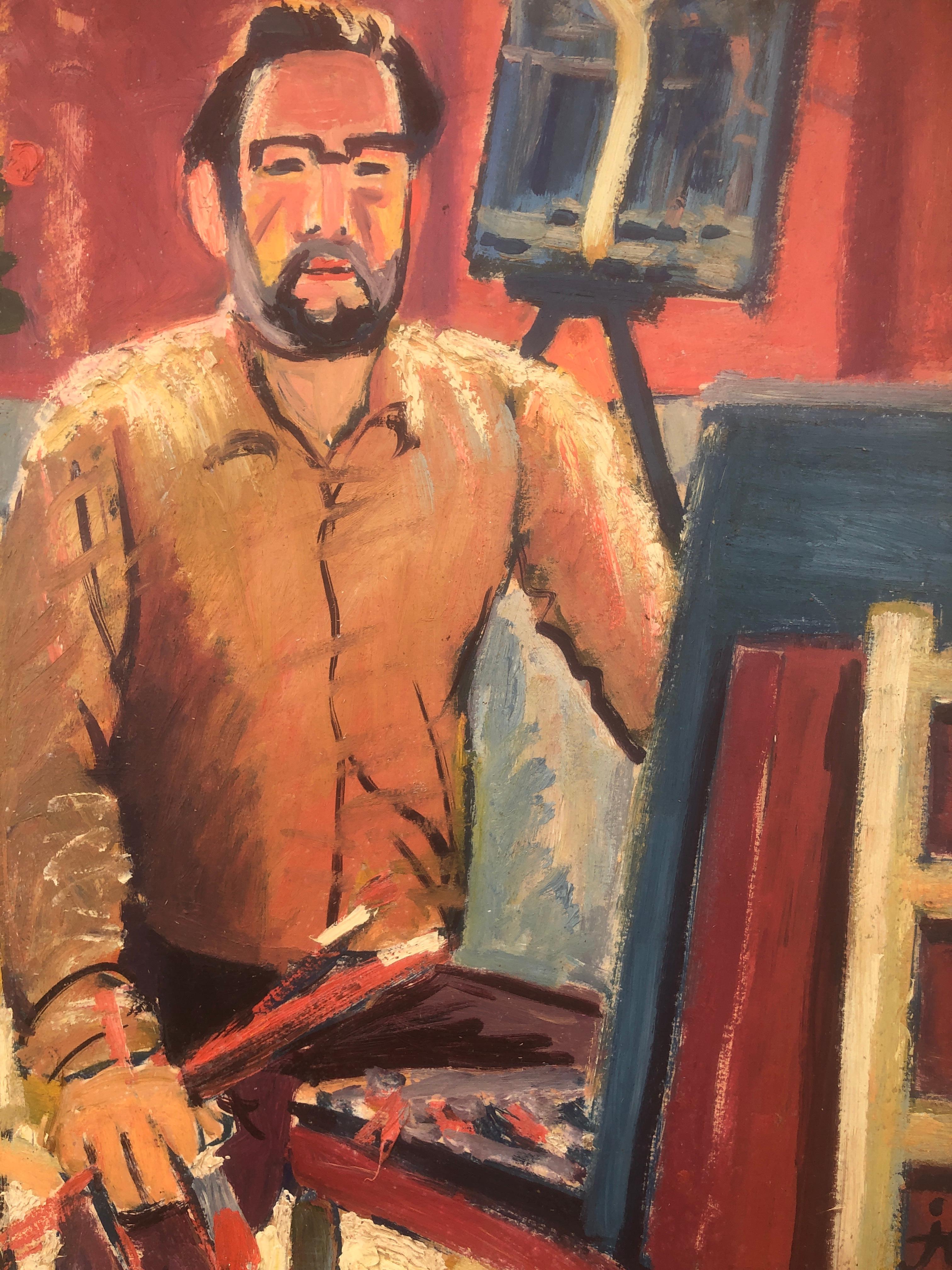 Self portrait oil on cardboard painting For Sale 3