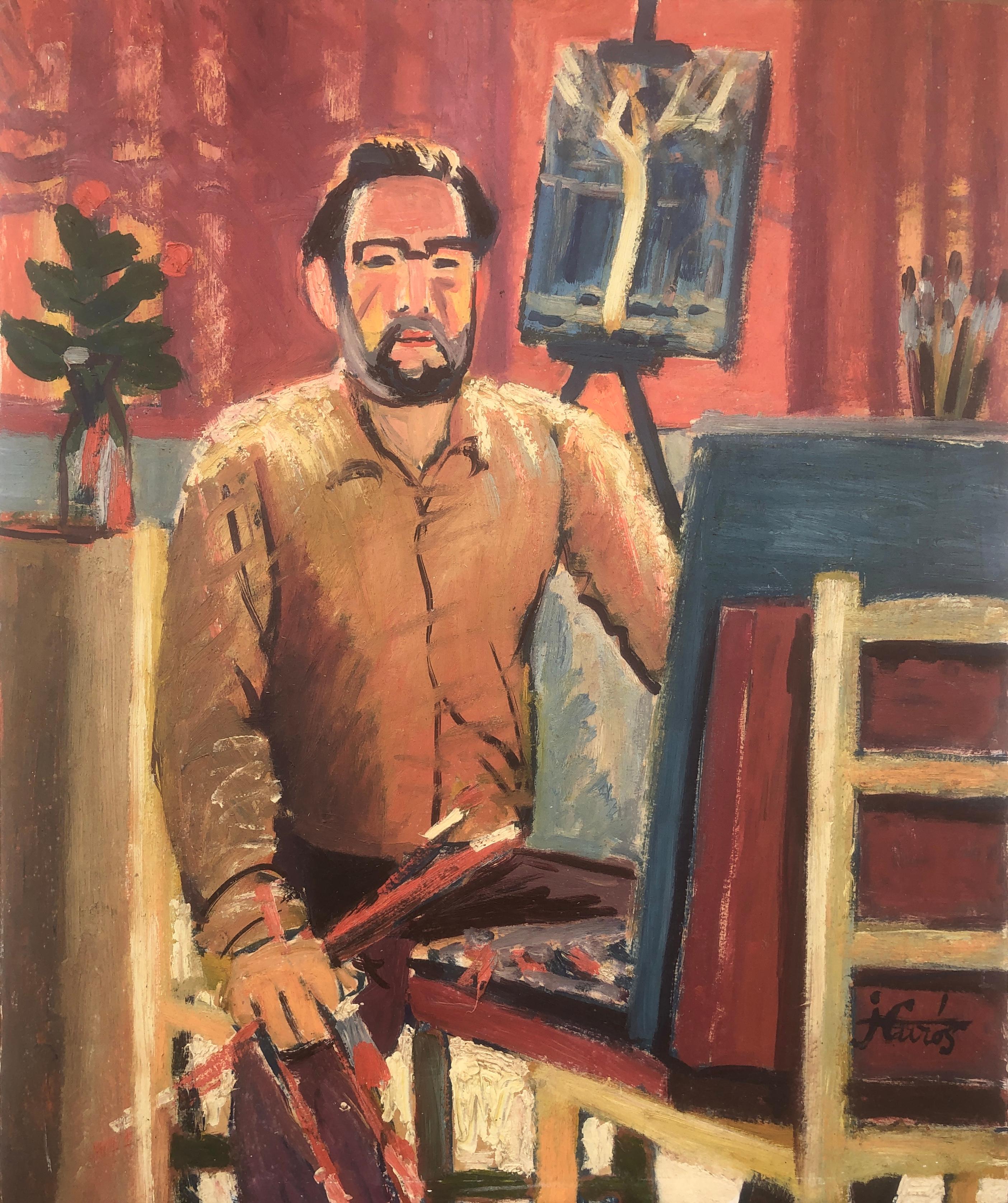 Jordi Curos Portrait Painting - Self portrait oil on cardboard painting