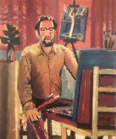 Vintage Self portrait oil on cardboard painting