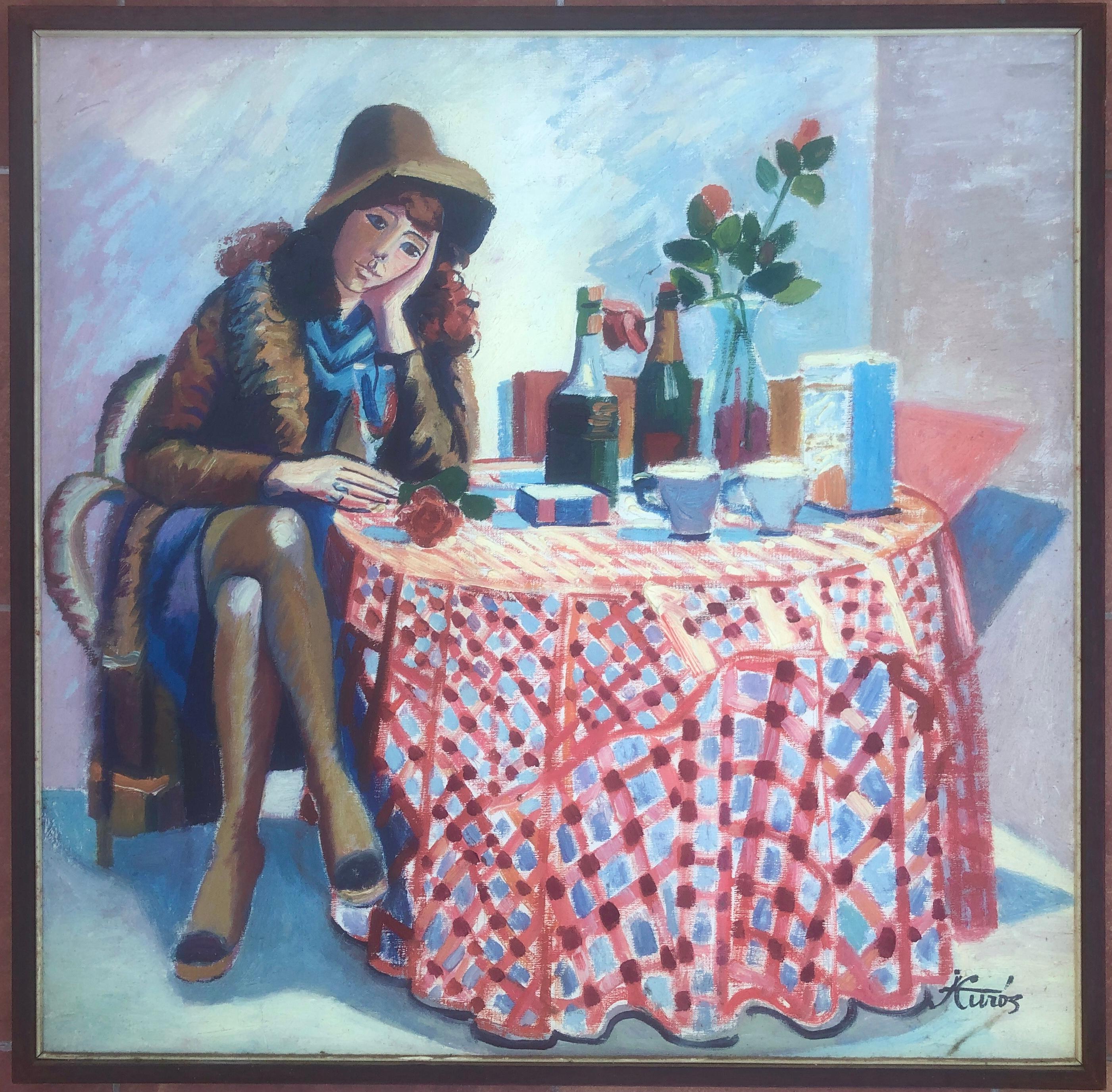 Femme assise et nature morte huile sur toile - Painting de Jordi Curos