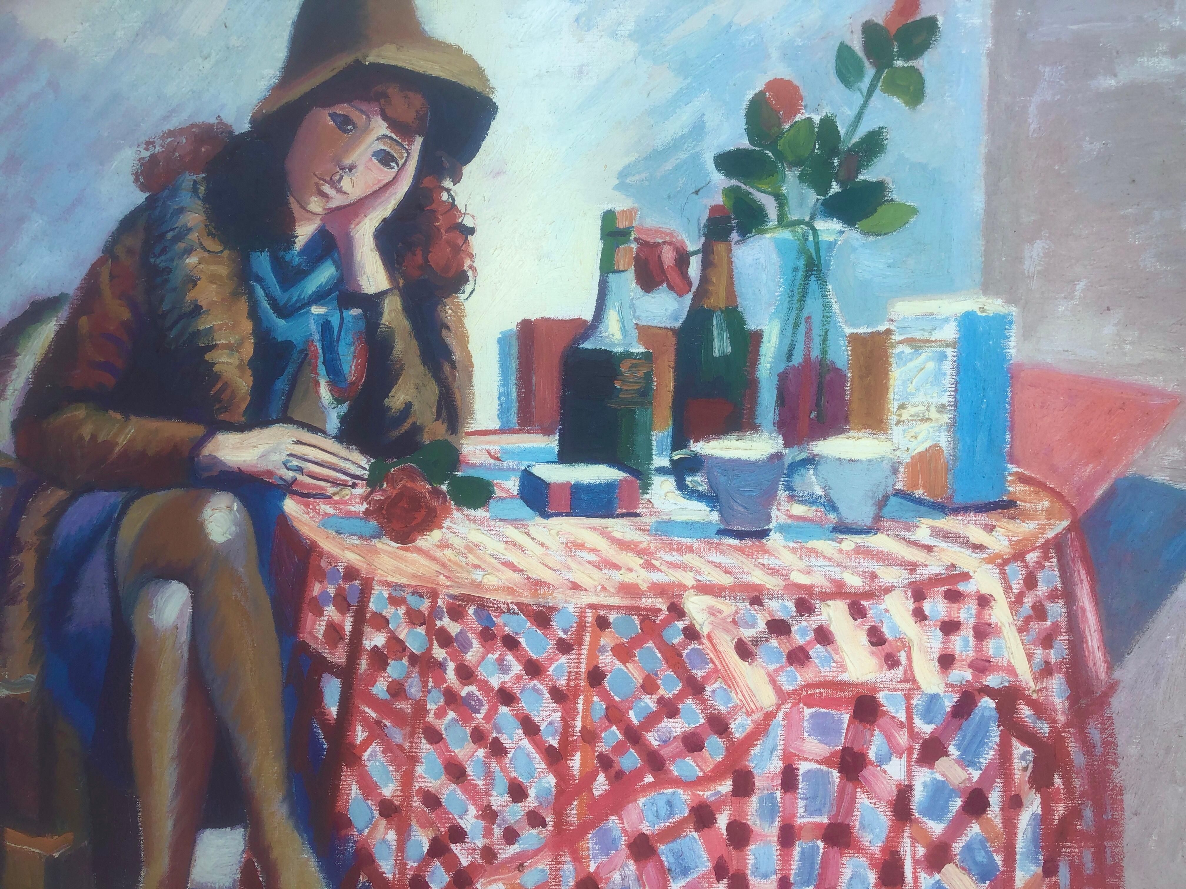 Sitting woman and still life oil on canvas painting For Sale 2