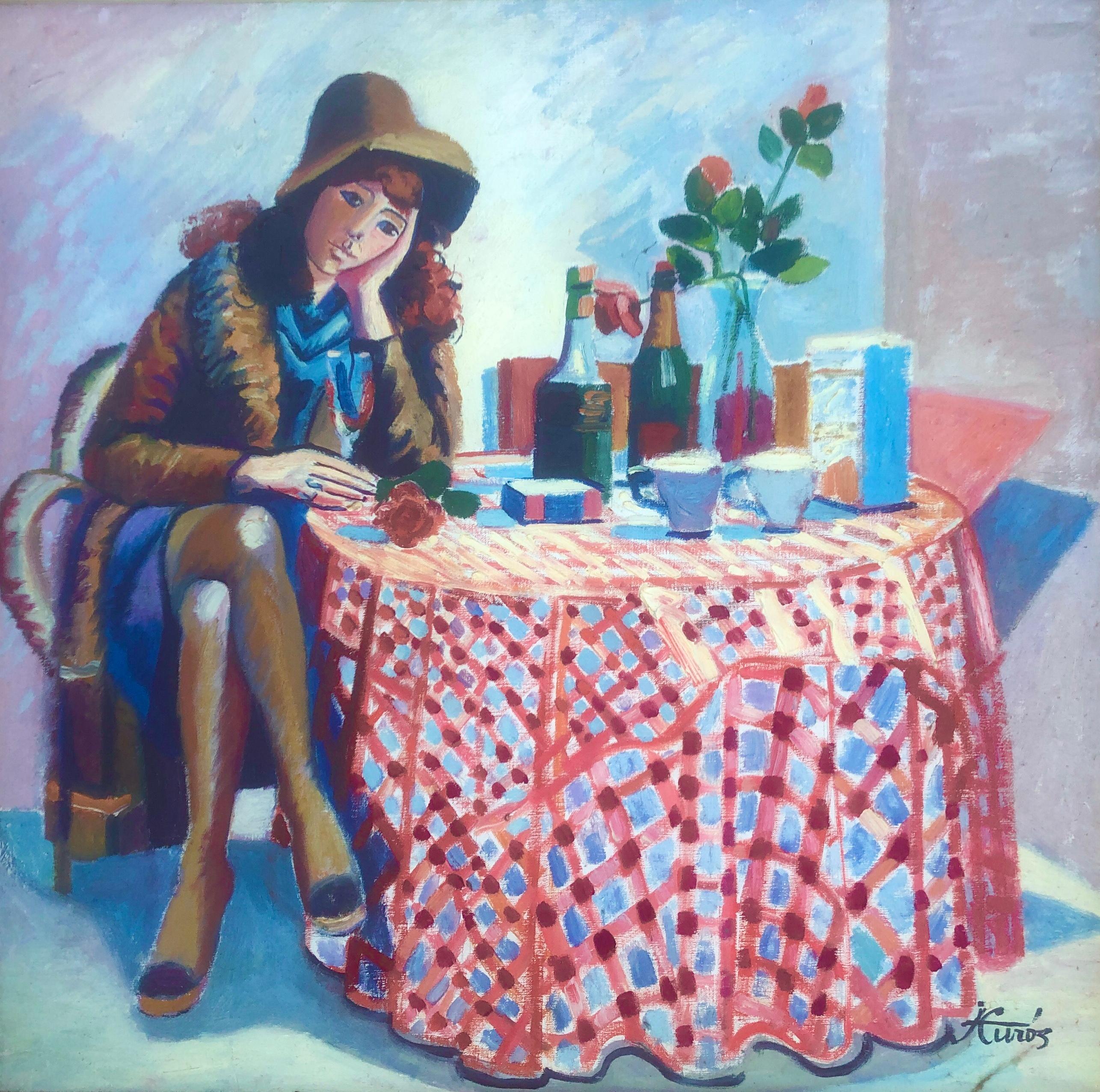Sitting woman and still life oil on canvas painting