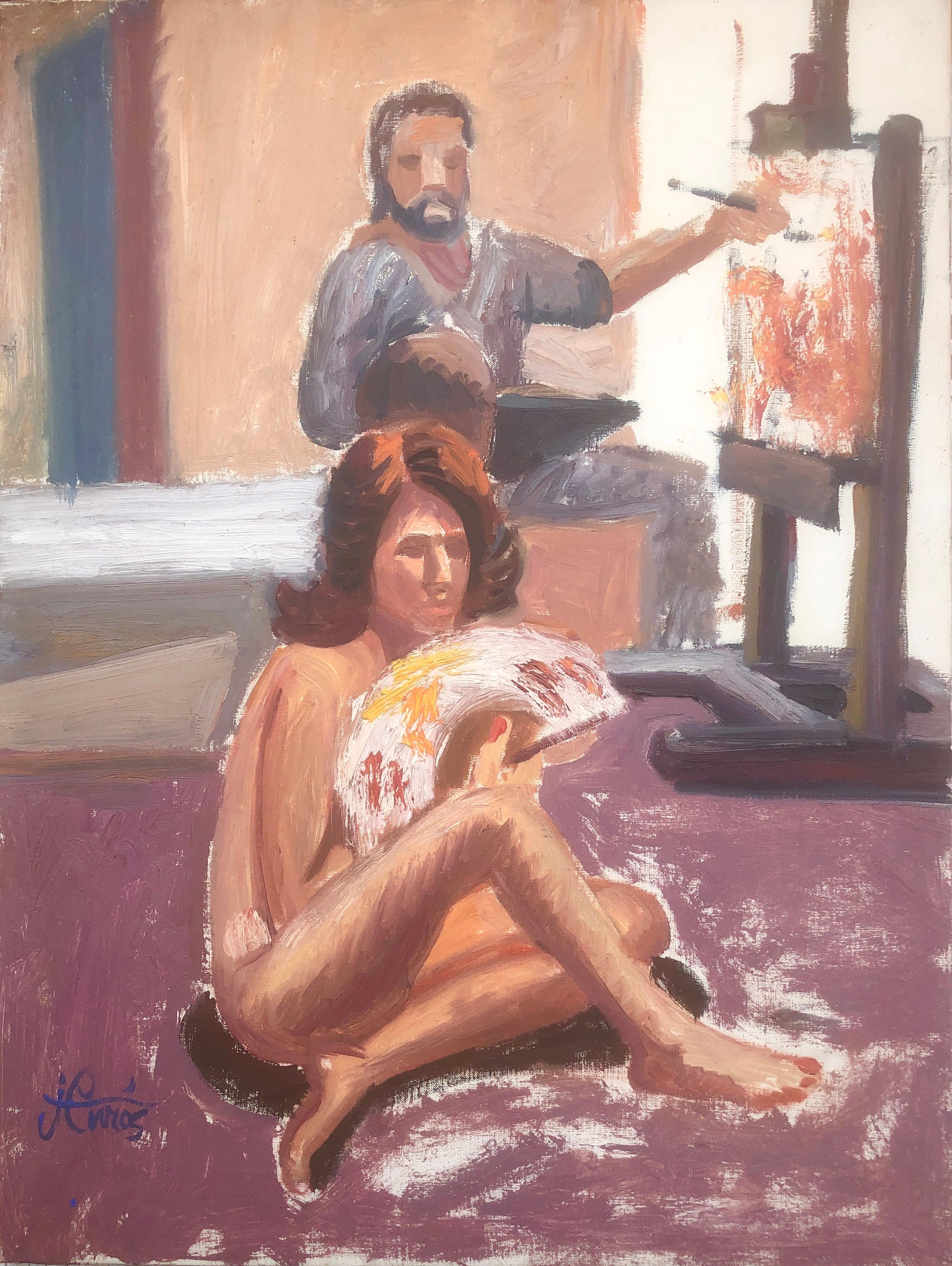 Nude Painting Jordi Curos - Le peintre et le modèle, huile sur toile, peinture de nus fauvistes