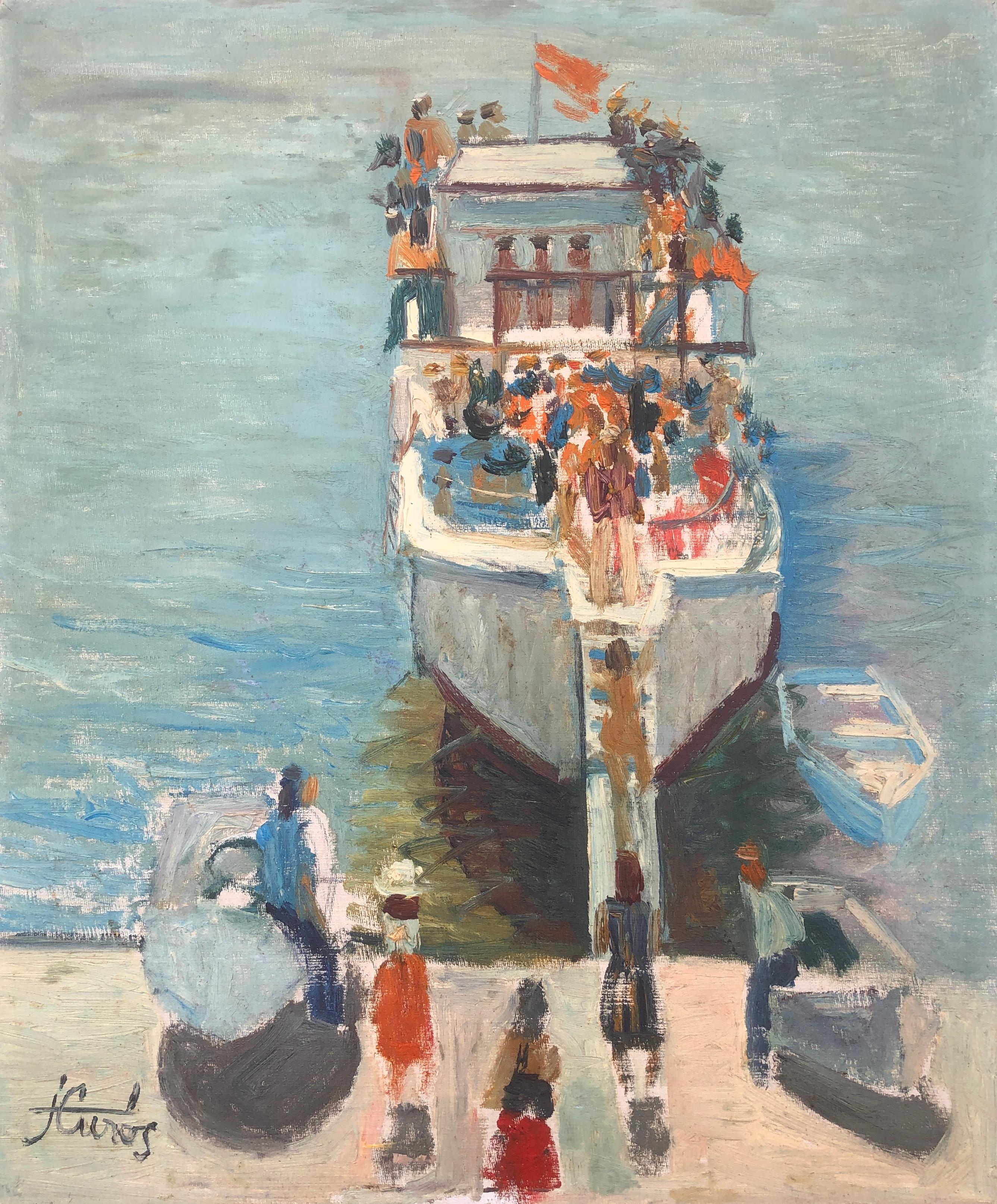 Landscape Painting di Jordi Curos - La nave pittura ad olio fauvista paesaggio marino spagnolo