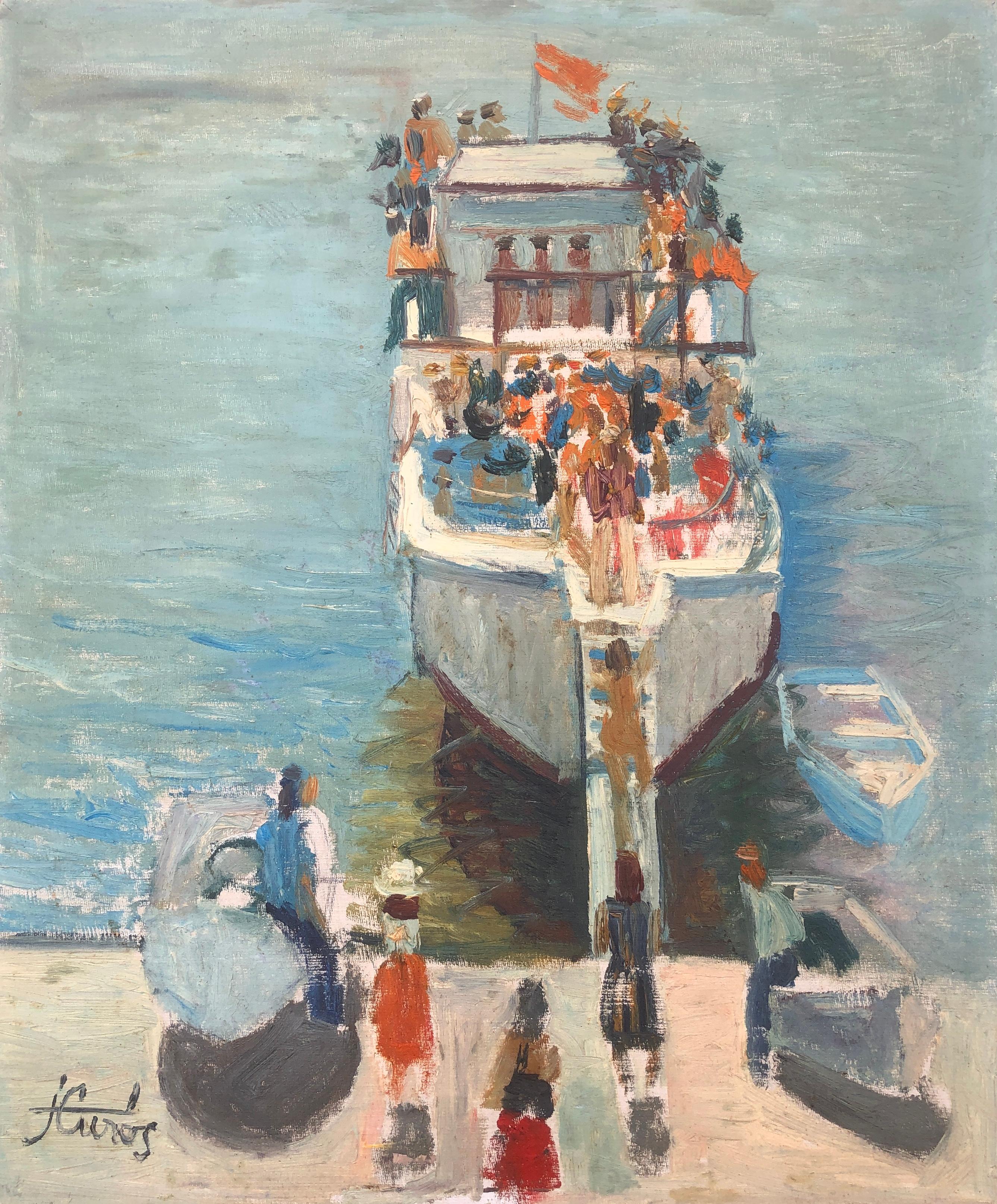 Jordi Curos Landscape Painting – Das Schiff, Ölgemälde einer fauvistischen spanischen Meereslandschaft