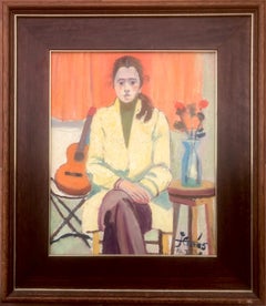 Woman and guitar oil on board painting fauvism