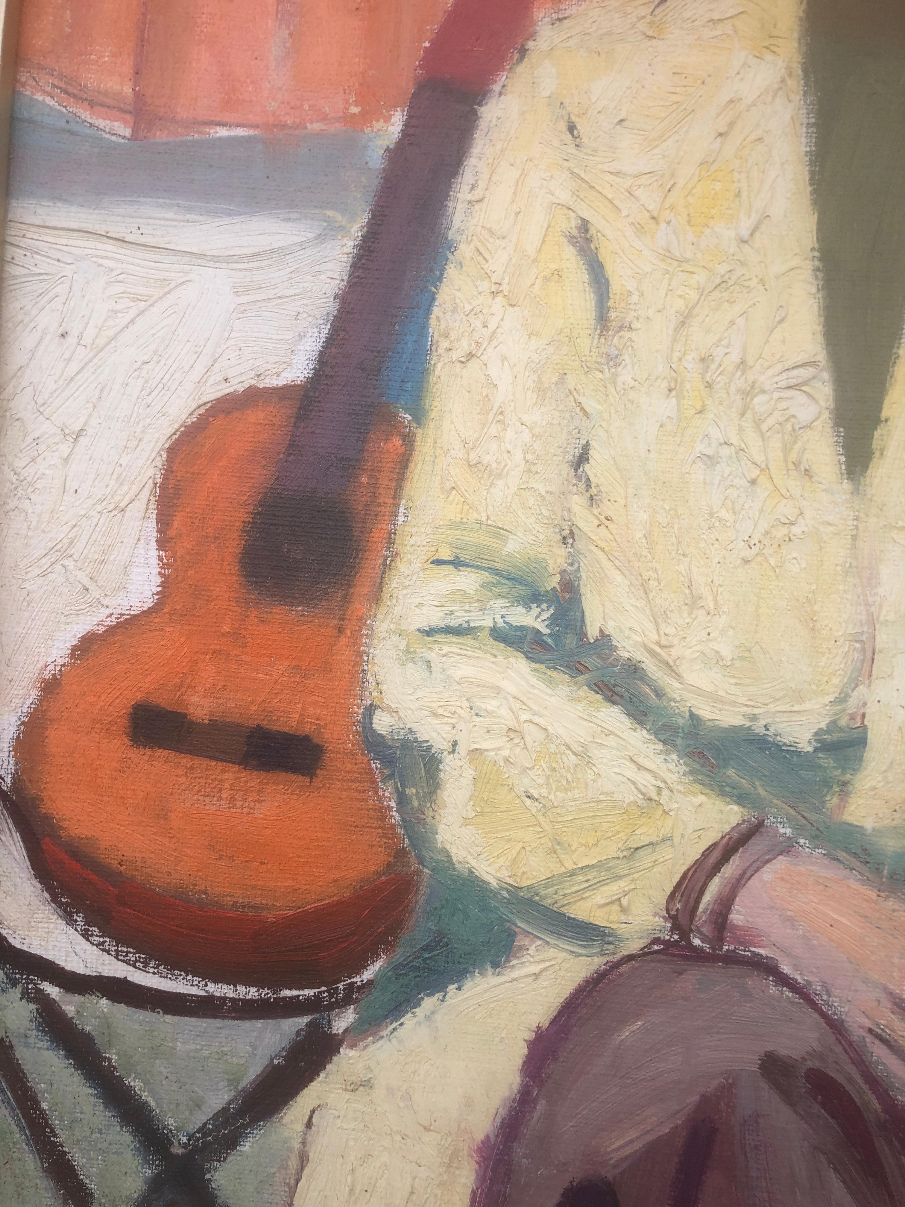 Femme et guitare huile sur carton peinture fauve en vente 2