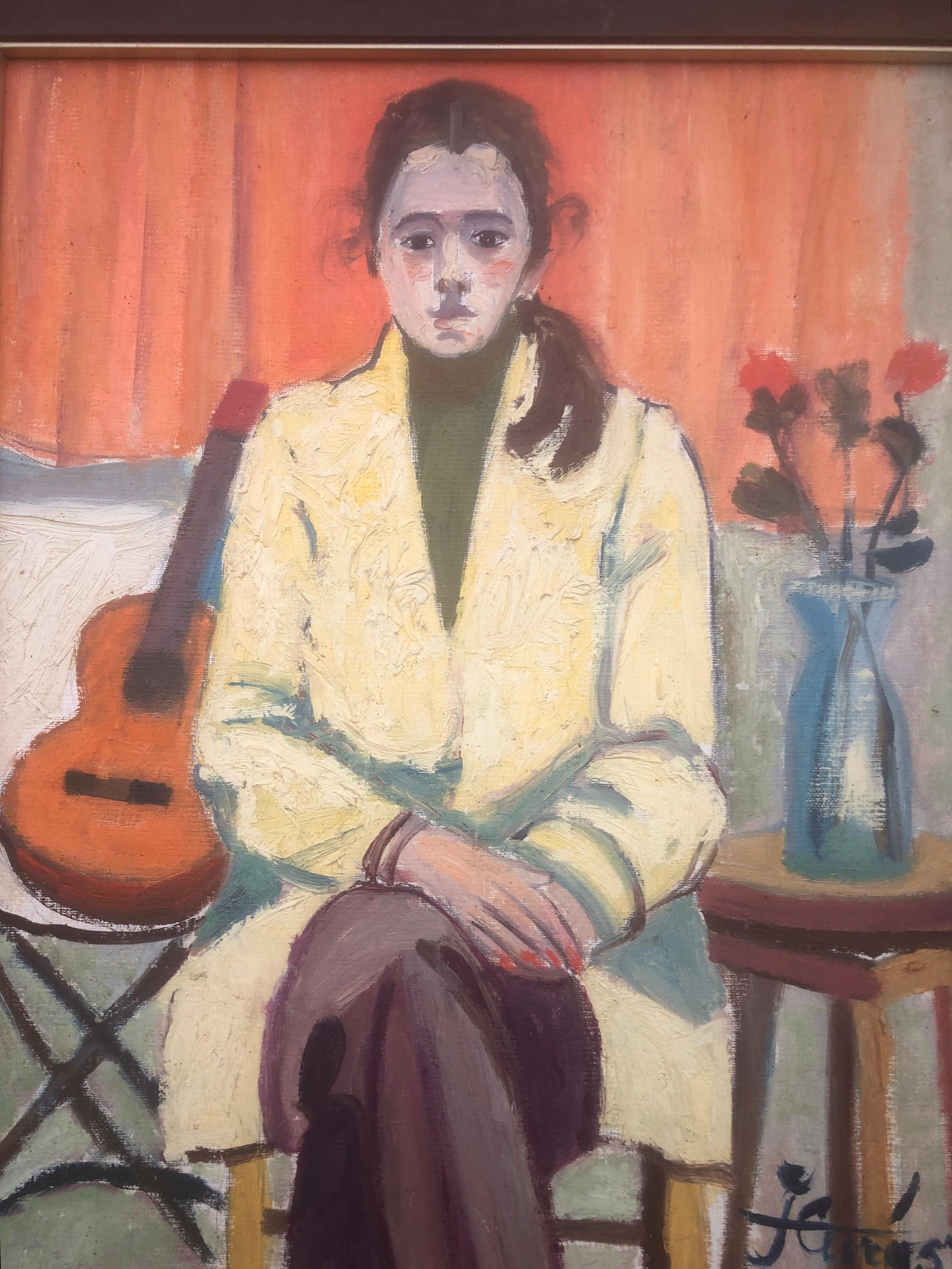 Woman and guitar oil on board painting fauvism For Sale 3