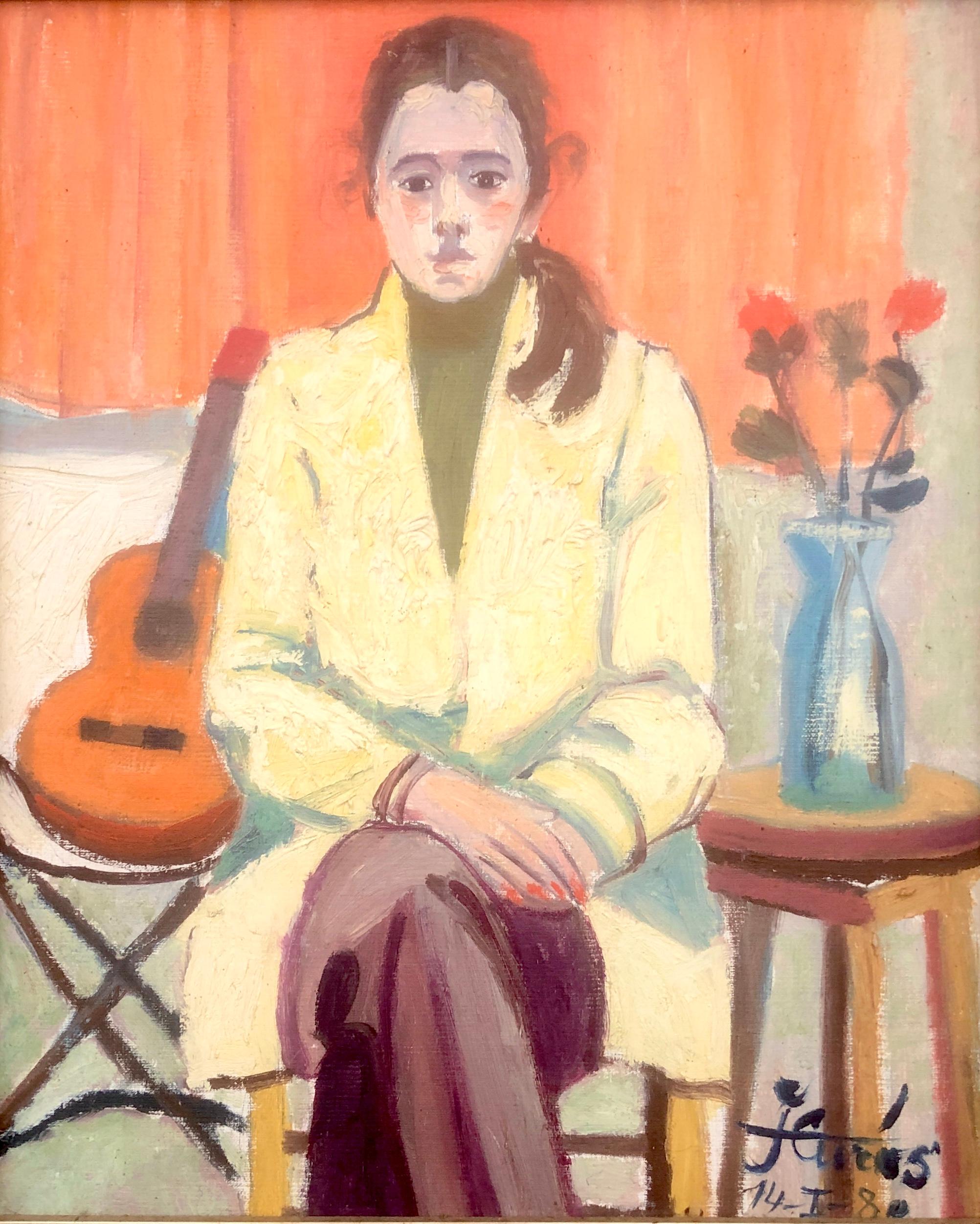 Jordi Curos Figurative Painting - Woman and guitar oil on board painting fauvism