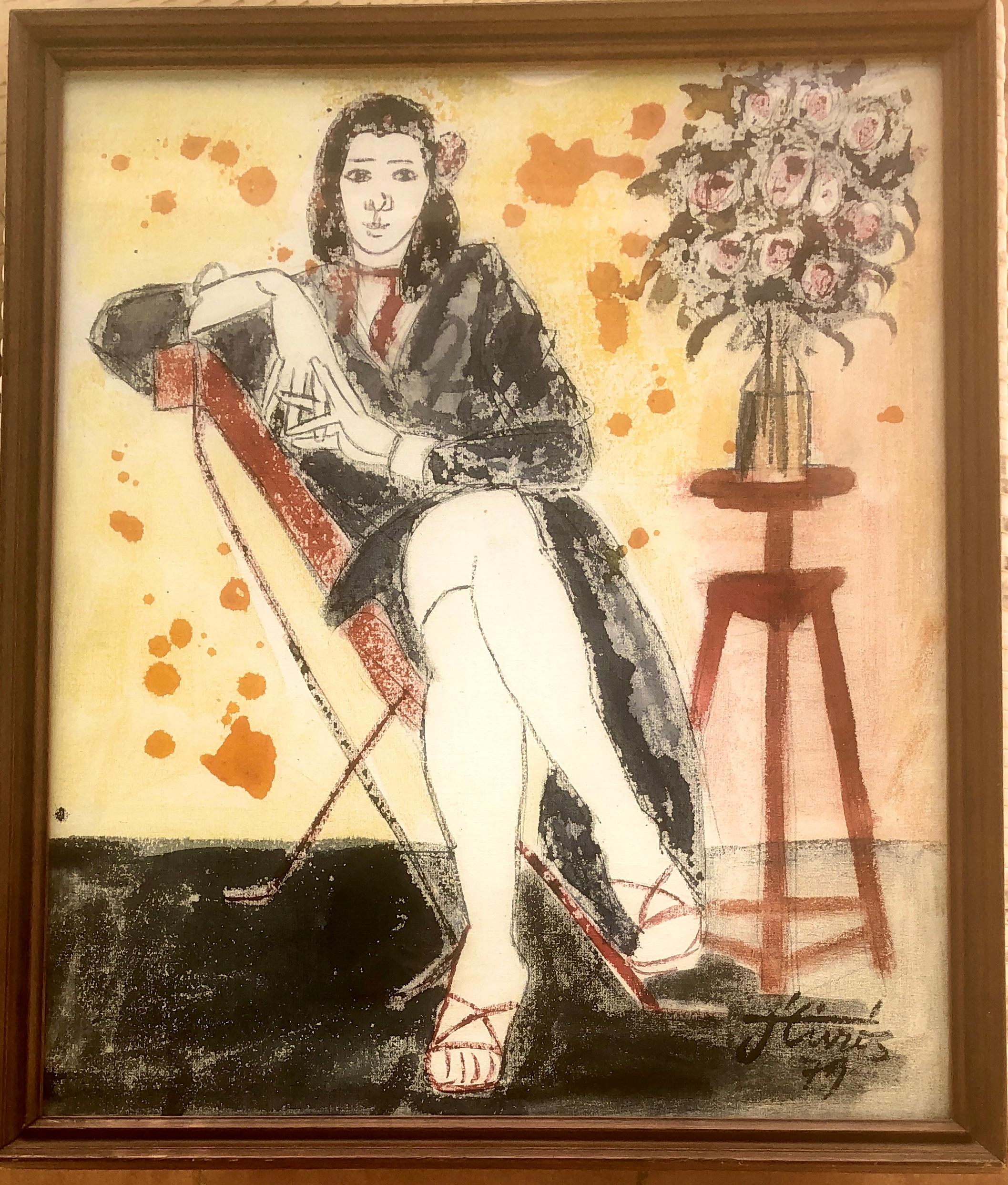 Frau und Vase, Mischtechnik-Gemälde – Painting von Jordi Curos