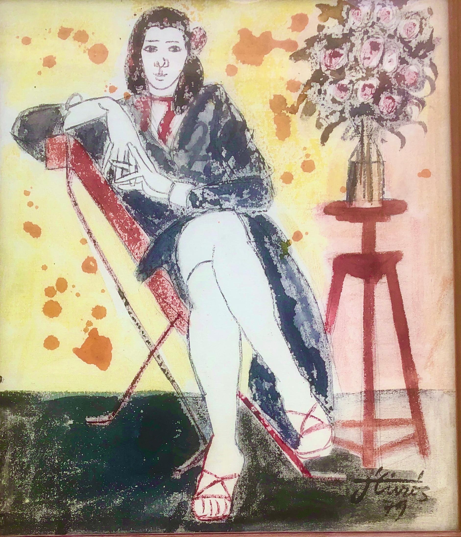 Jordi Curos Interior Painting – Frau und Vase, Mischtechnik-Gemälde
