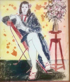 Vintage Woman and vase mixed media painting