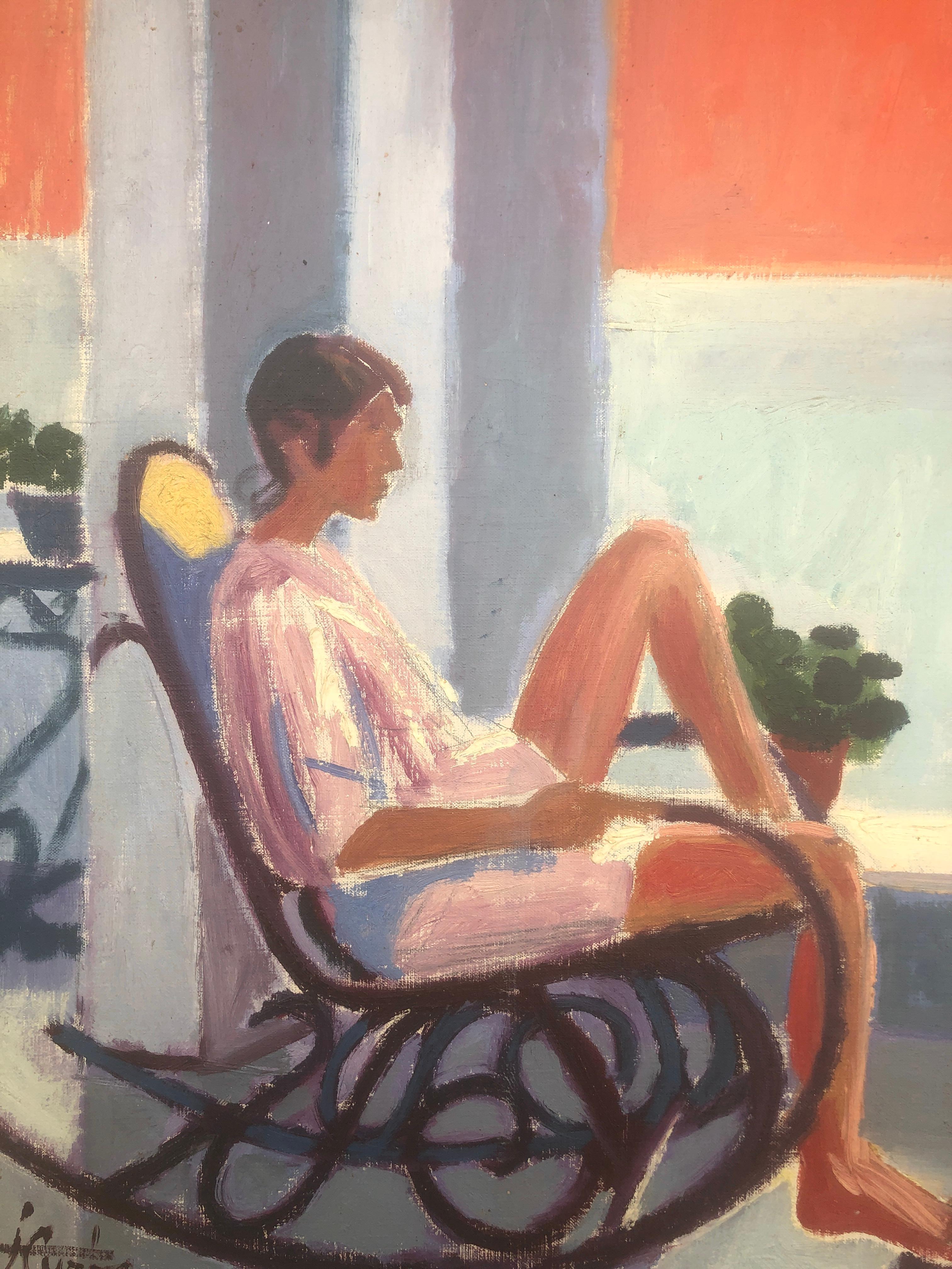 Woman in rocking chair oil on canvas painting fauvism nude For Sale 3
