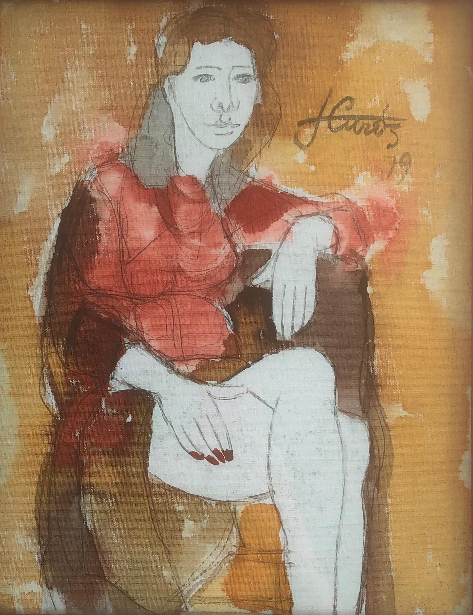 Jordi Curos Interior Painting – Mixed-Media-Gemälde einer Frau