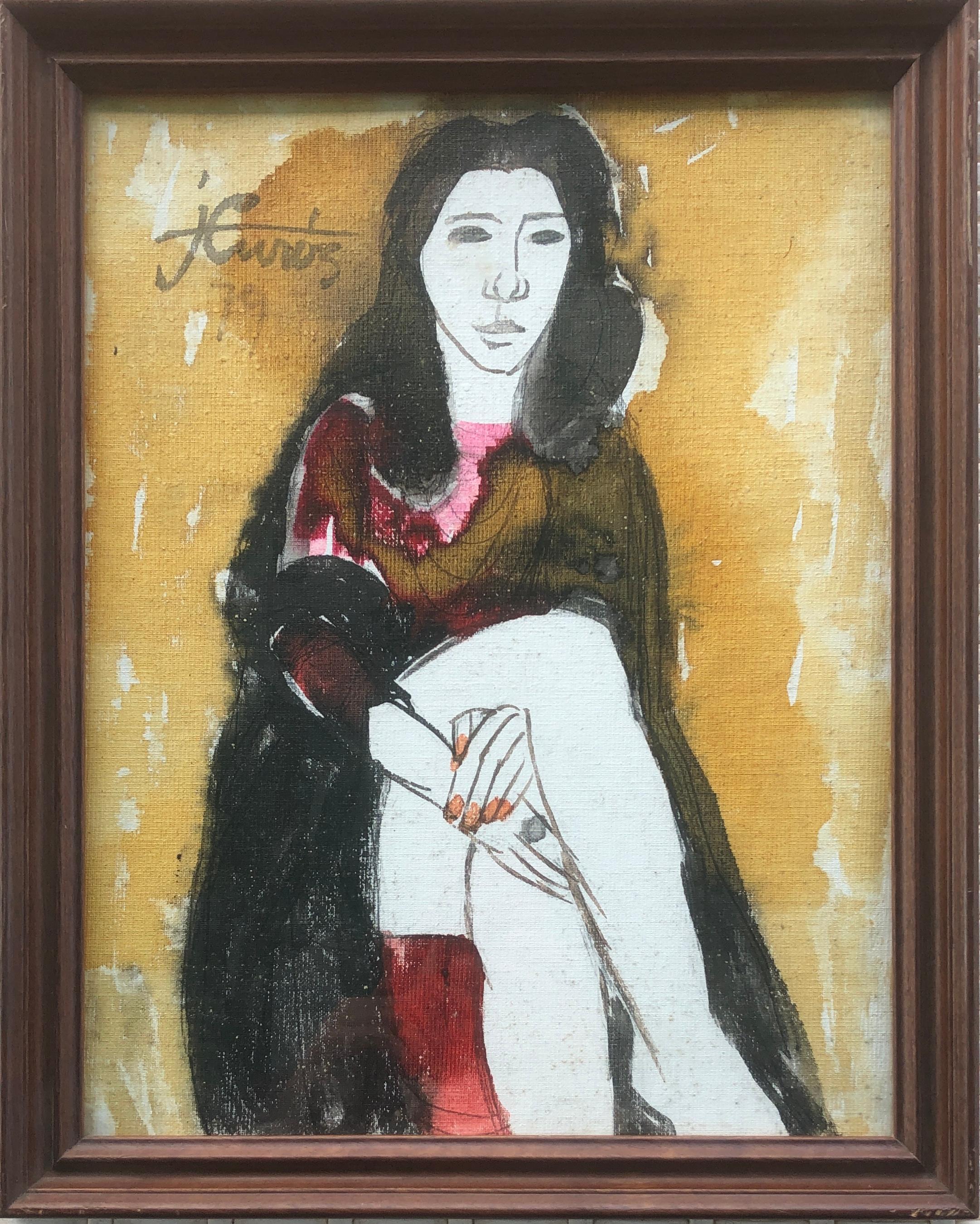 Frau posiert in Mischtechnik Gemälde – Painting von Jordi Curos