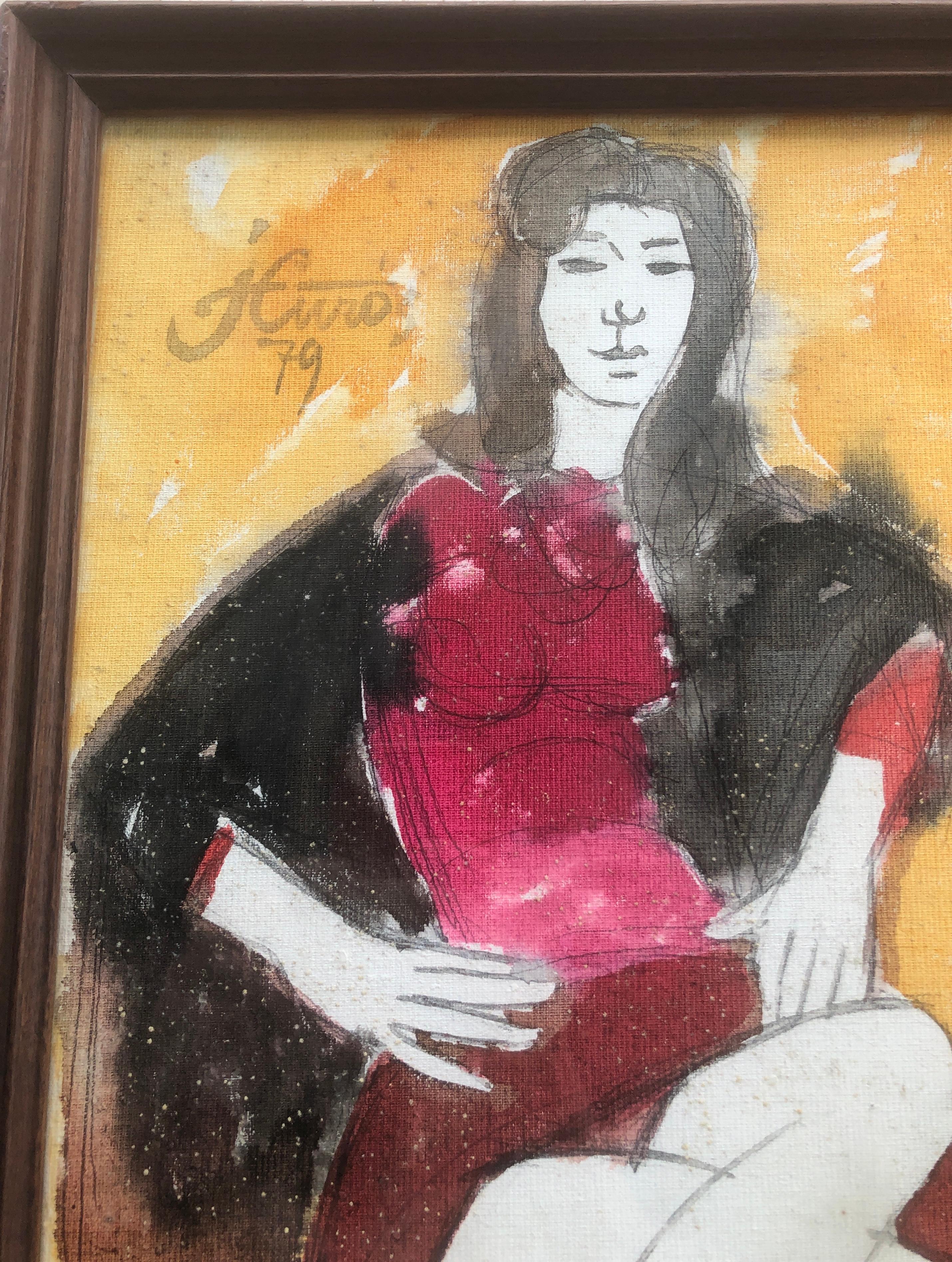 Frau posiert in Mischtechnik Gemälde – Painting von Jordi Curos