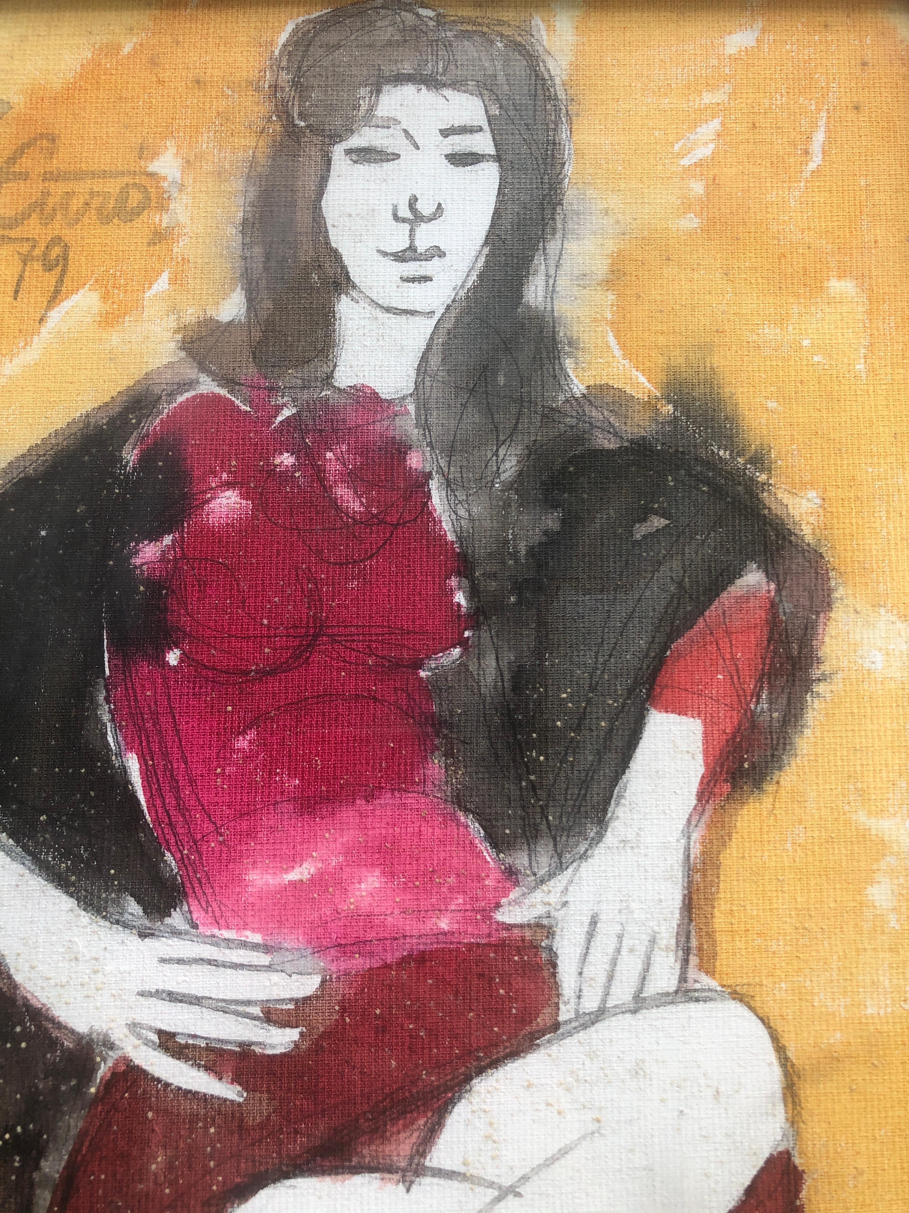 Femme posant peinture mixte - Fauvisme Painting par Jordi Curos