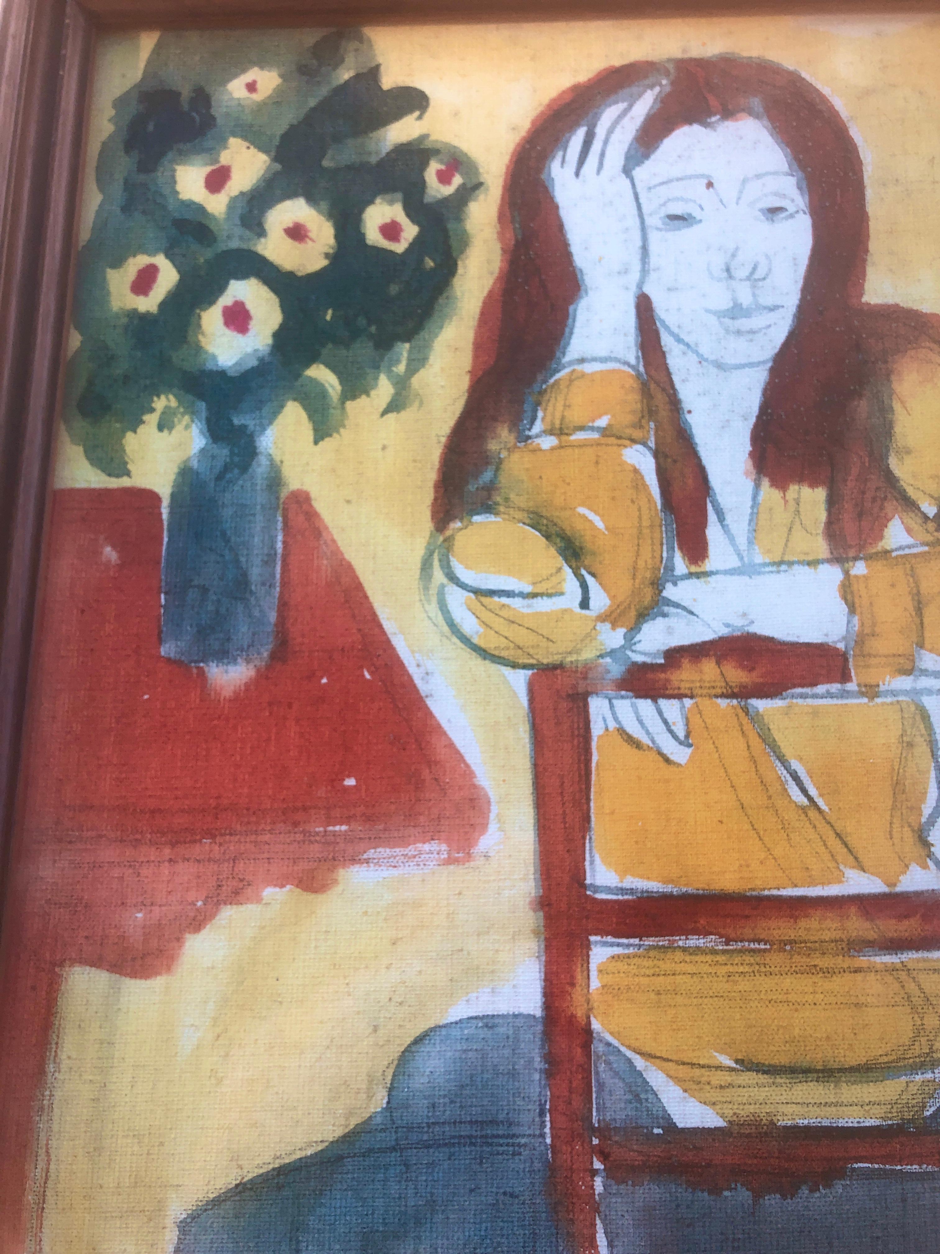 Woman posing mixed media painting For Sale 2
