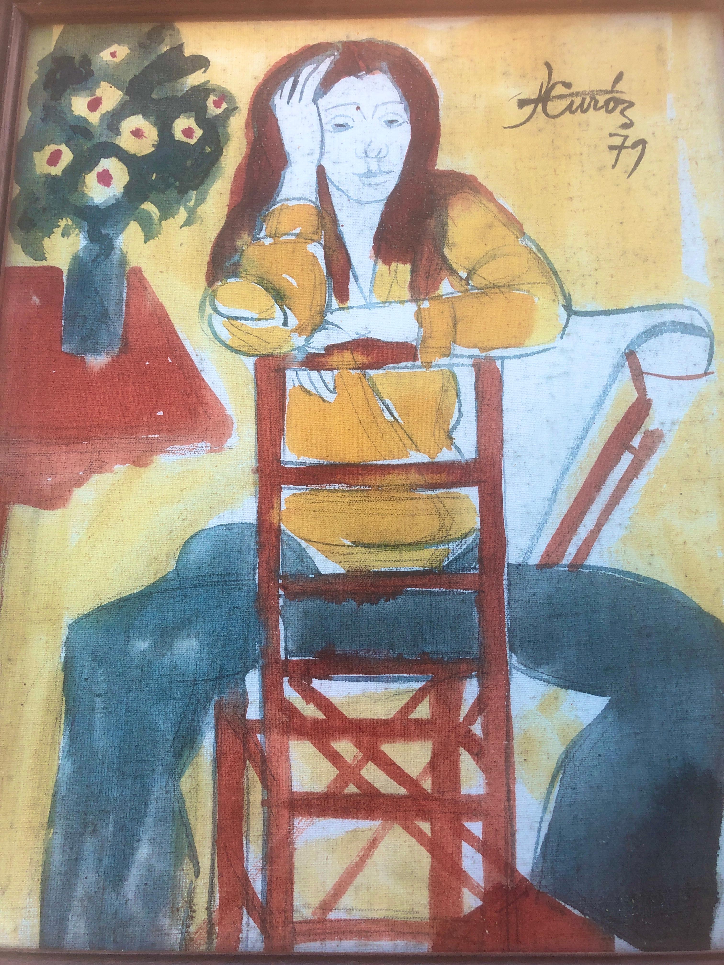 Woman posing mixed media painting For Sale 3