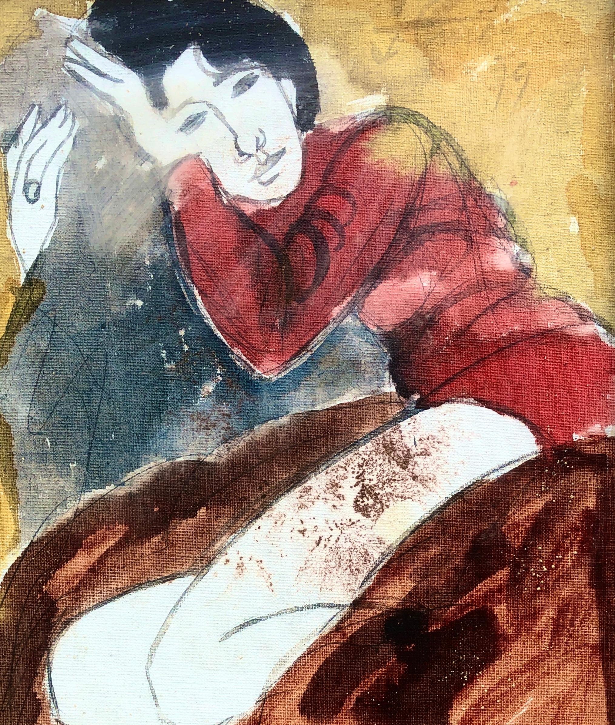 Frau posiert in Mischtechnik Gemälde im Angebot 3