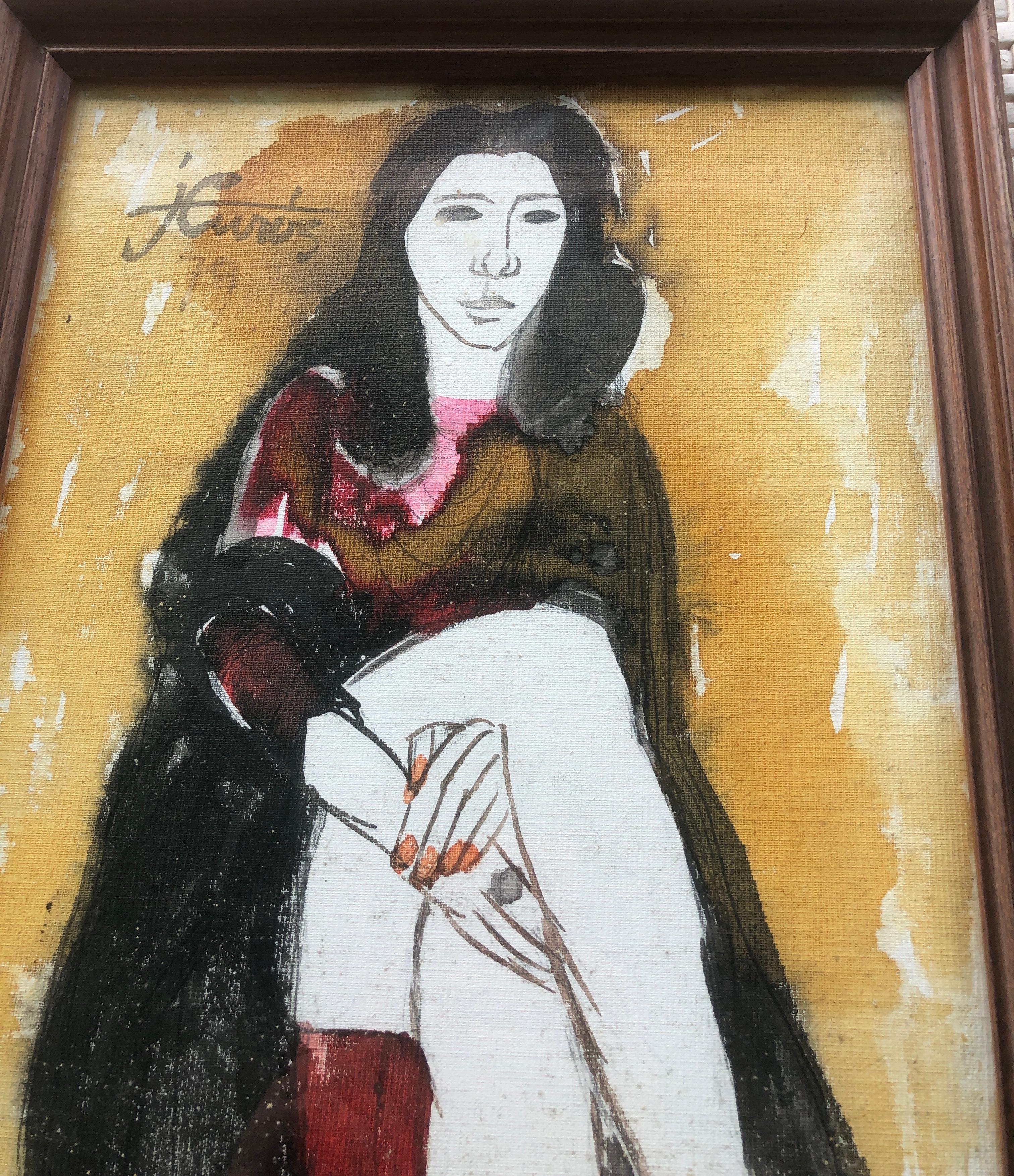 Woman posing mixed media painting For Sale 3
