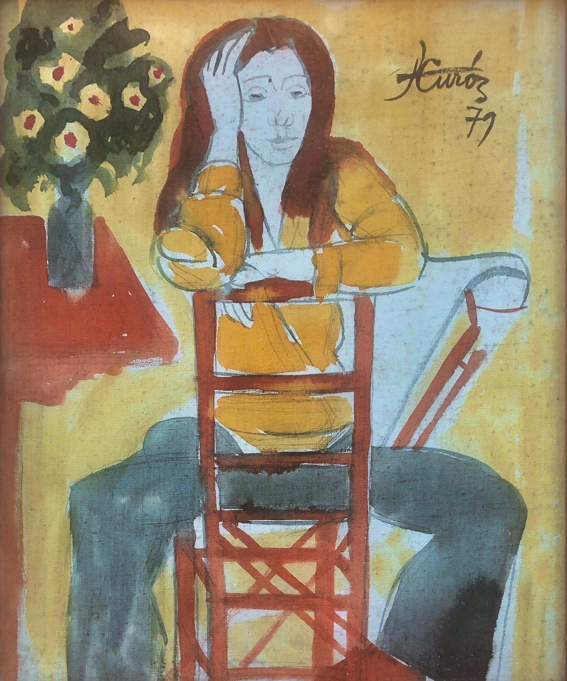 Jordi Curos Portrait Painting - Woman posing mixed media painting