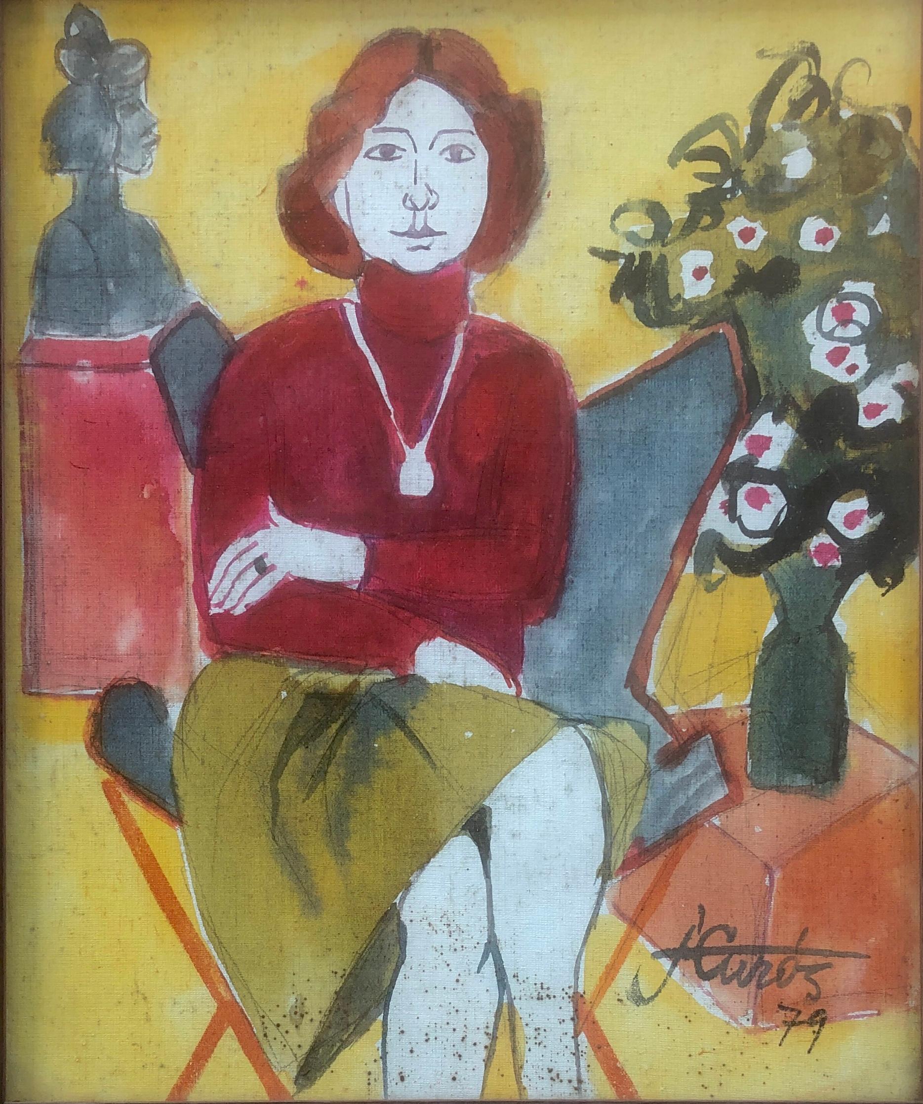 Woman posing mixed media painting