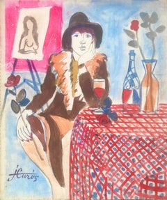 Retro Woman posing mixed media painting