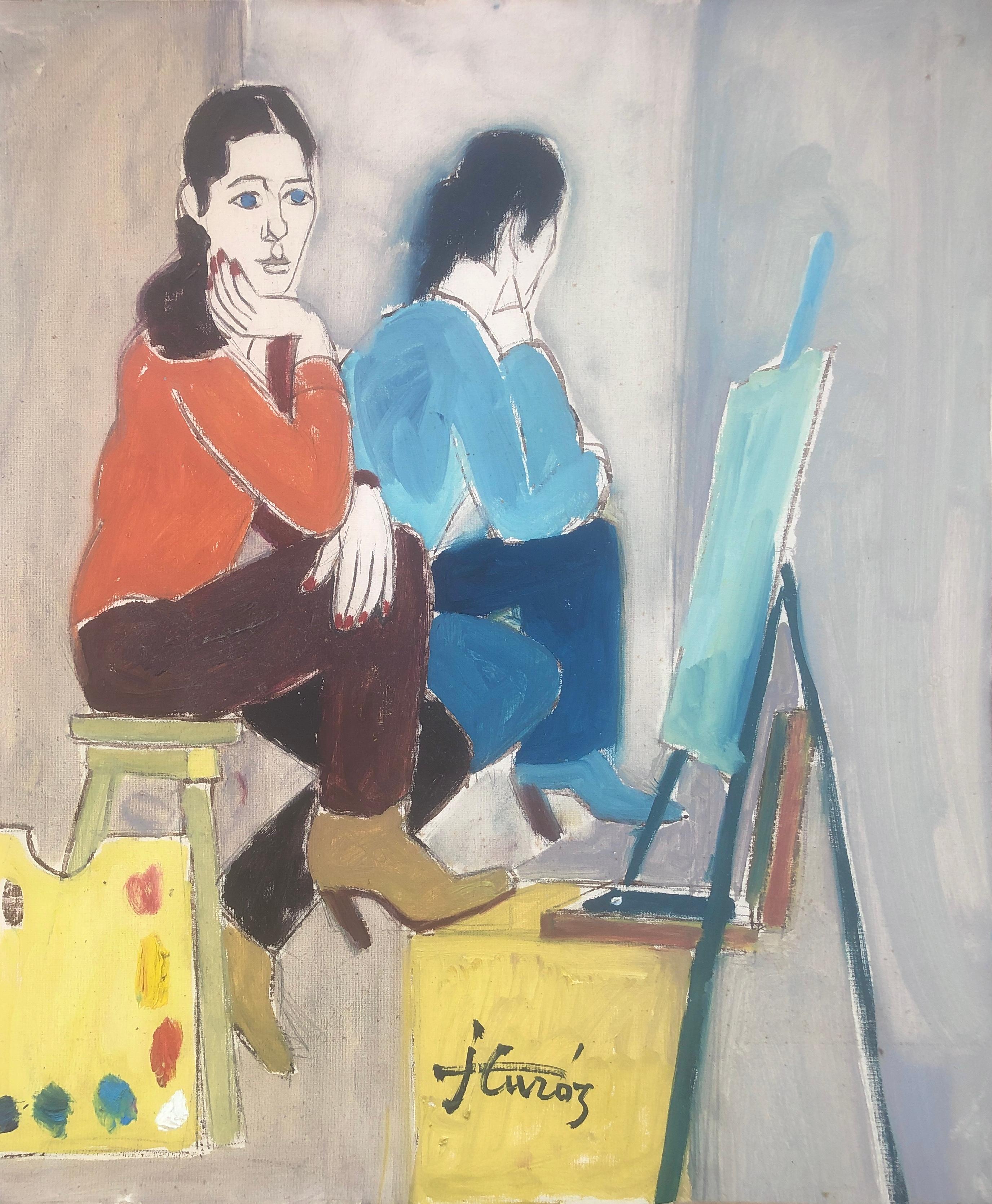 Jordi Curos Interior Painting - Woman posing mixed media painting